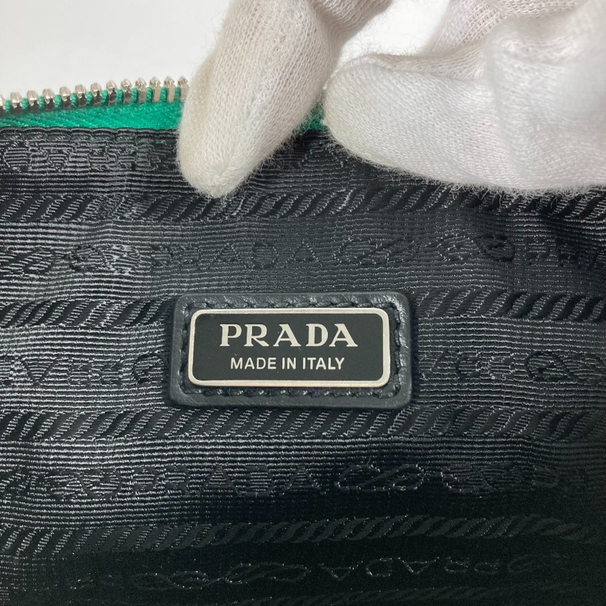 PRADA 2NE054 Embossed Triangle Plate Pouch Clutch Bag with Strap Saffiano Leather Men's Green