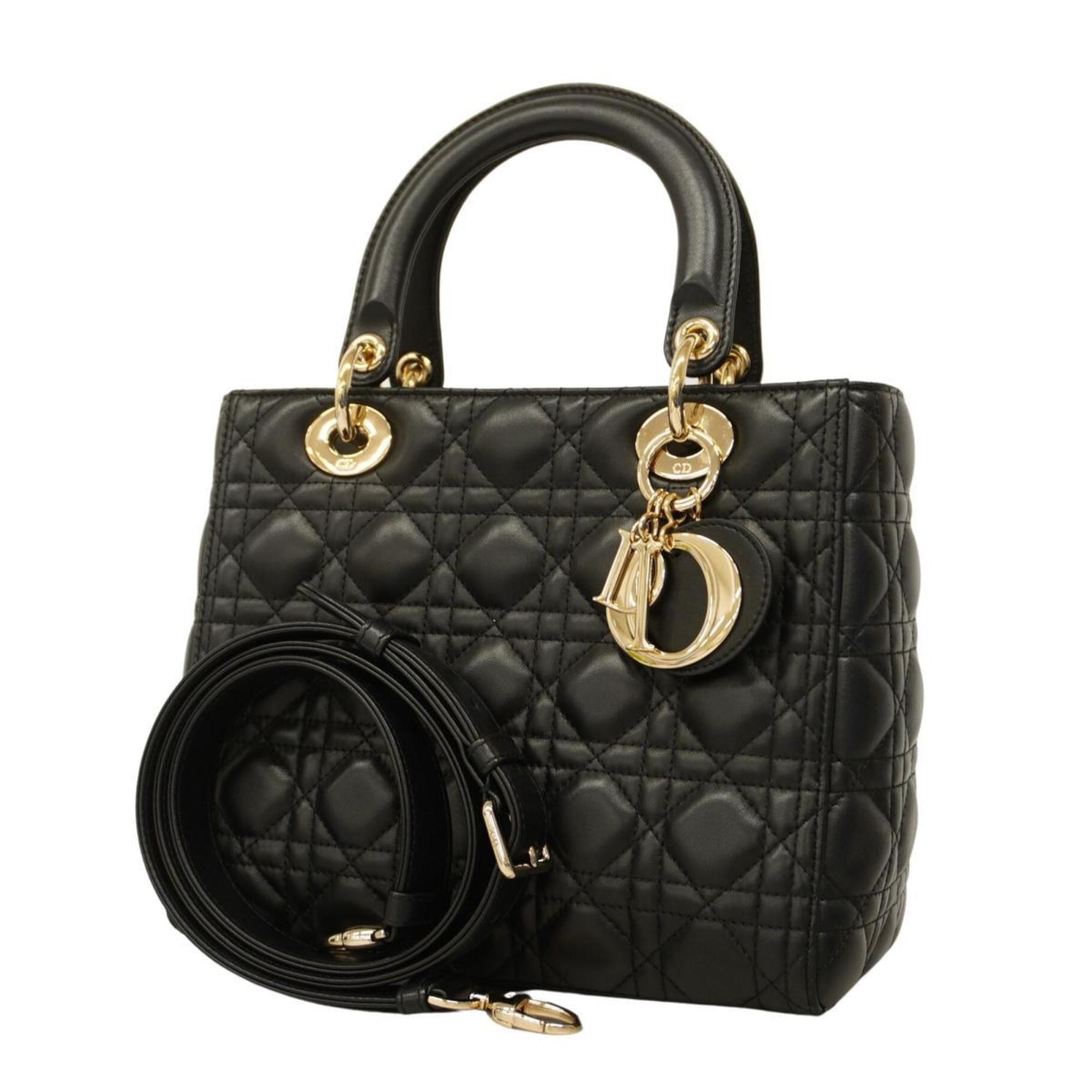 Christian Dior Handbag Cannage Lady Leather Black Women's