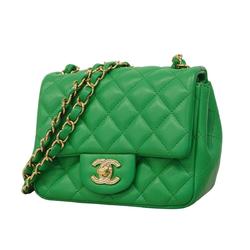 Chanel Shoulder Bag Matelasse Lambskin Green Champagne Women's