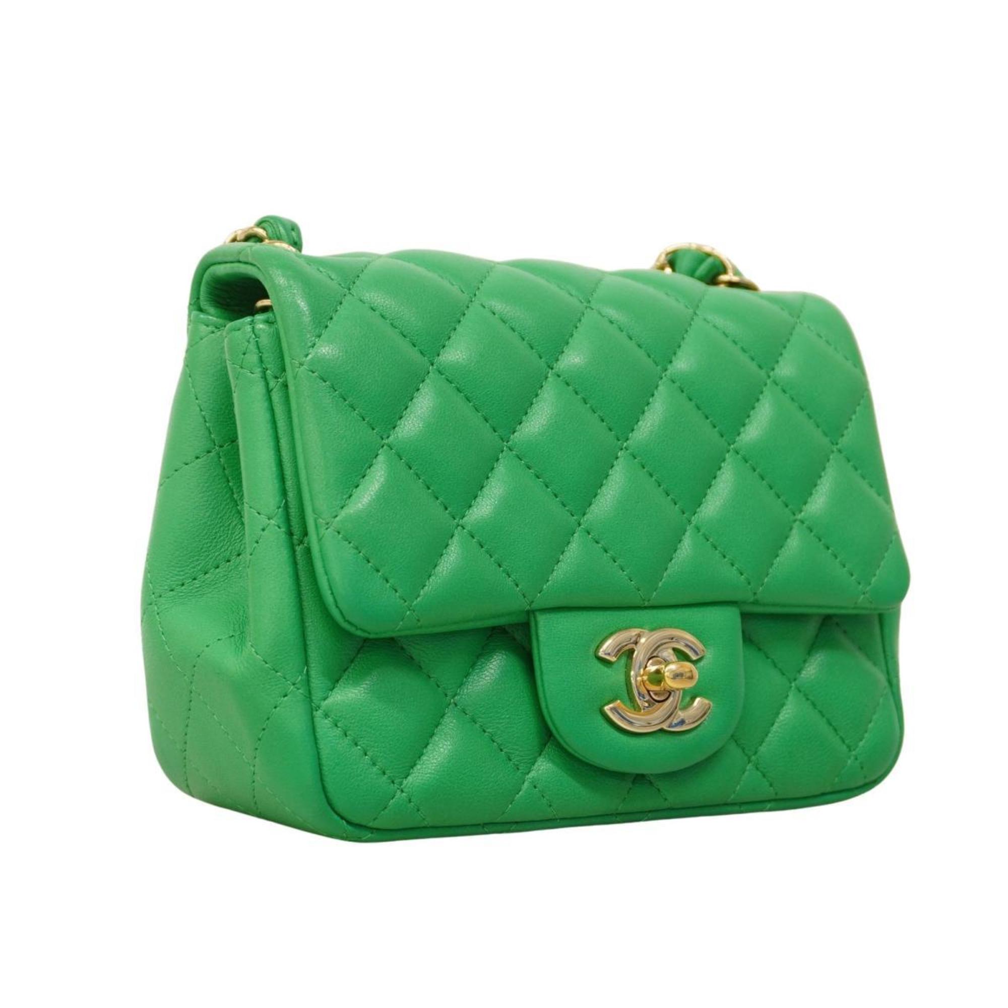 Chanel Shoulder Bag Matelasse Lambskin Green Champagne Women's