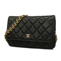 Chanel Shoulder Wallet Matelasse Chain Caviar Skin Black Women's