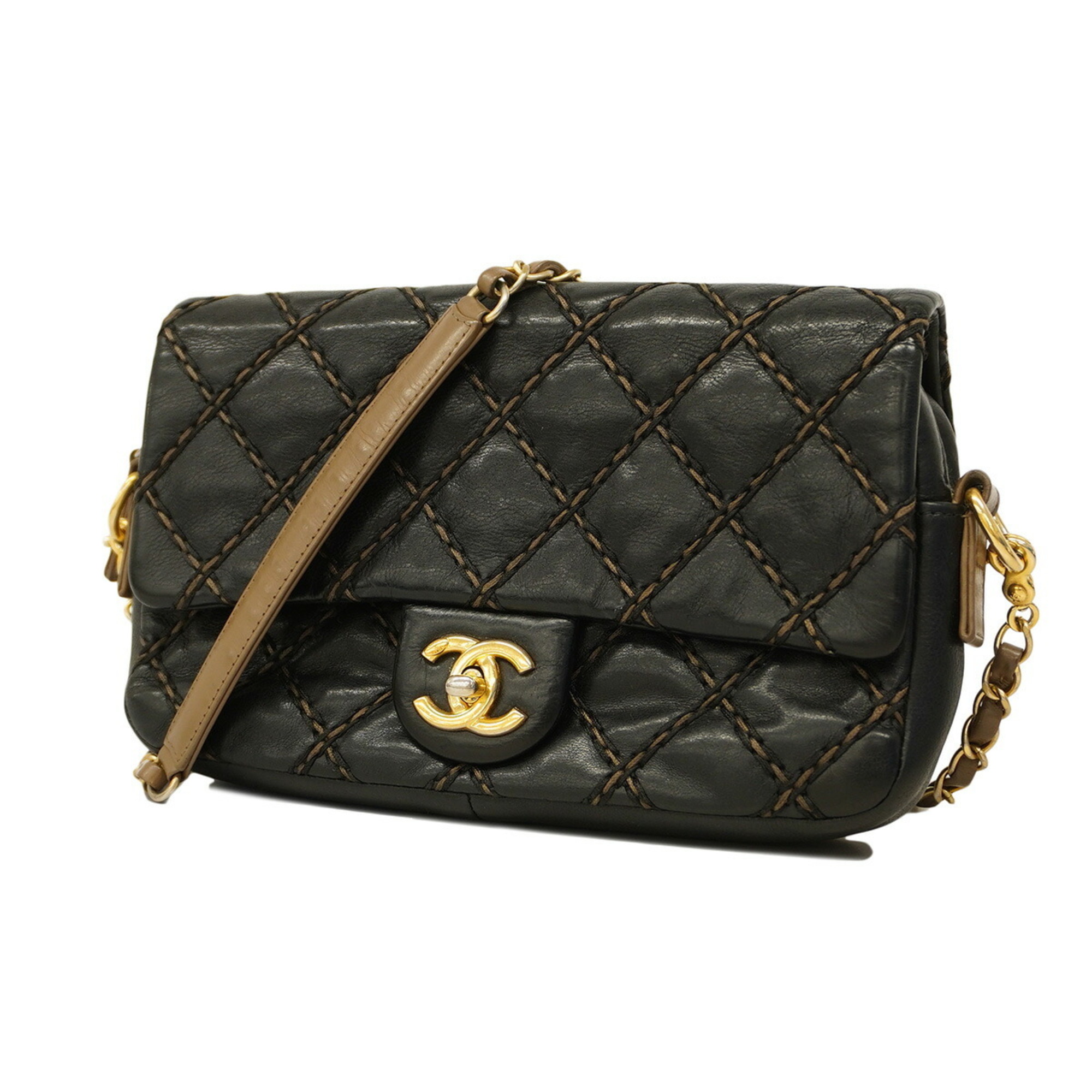 Chanel Shoulder Bag Wild Stitch Chain Leather Black Women's