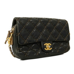 Chanel Shoulder Bag Wild Stitch Chain Leather Black Women's