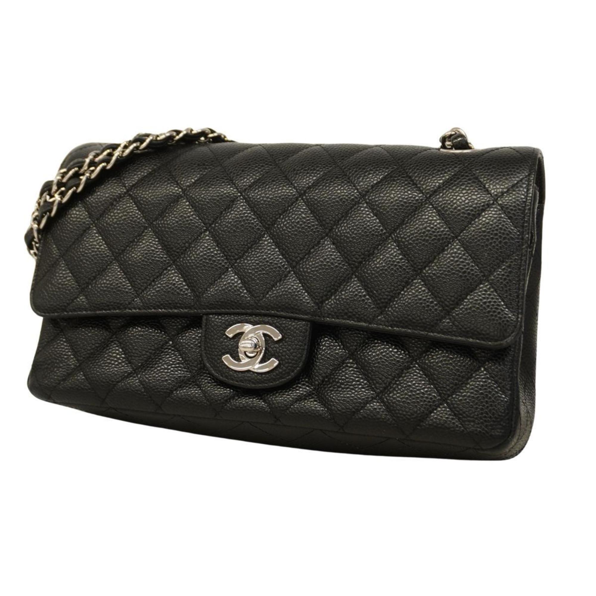 Chanel Shoulder Bag Matelasse W Flap Chain Caviar Skin Black Women's