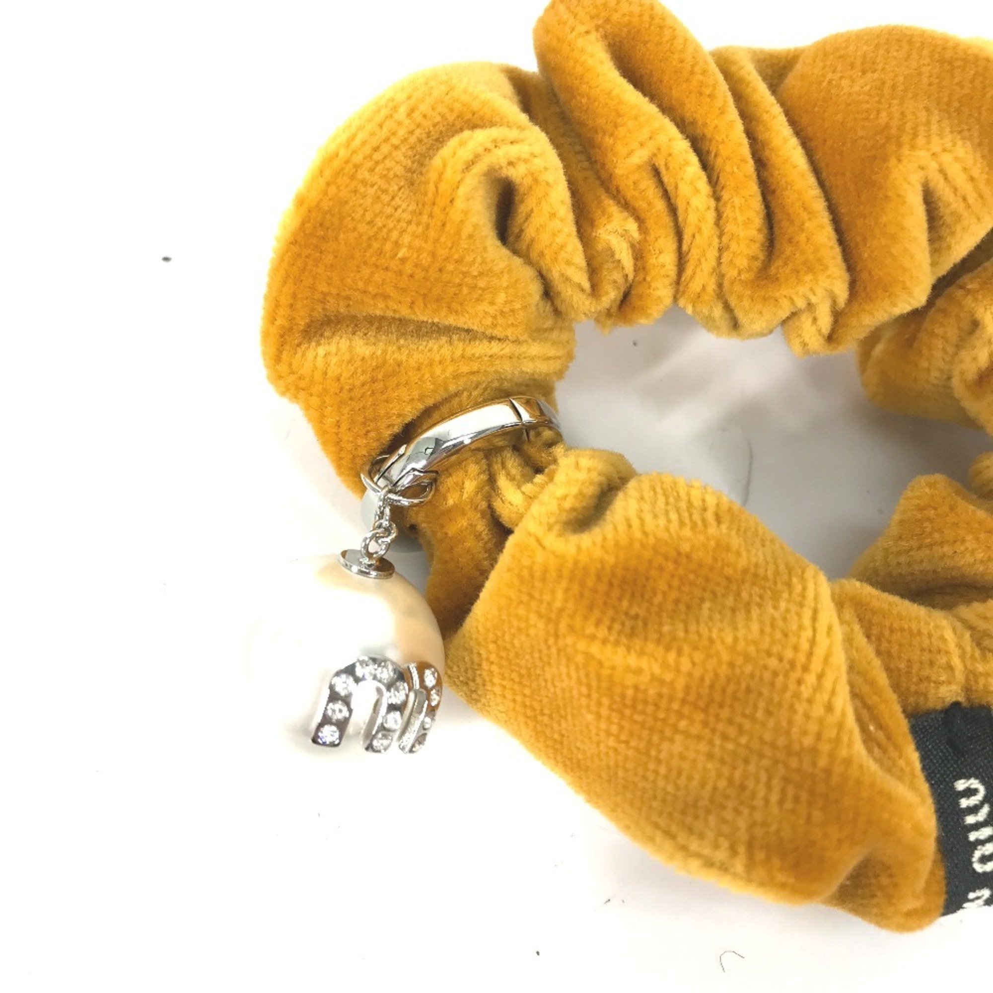 MIU Miu Crystal Faux Pearl Rhinestone Hair Tie Scrunchie Velvet Women's Yellow