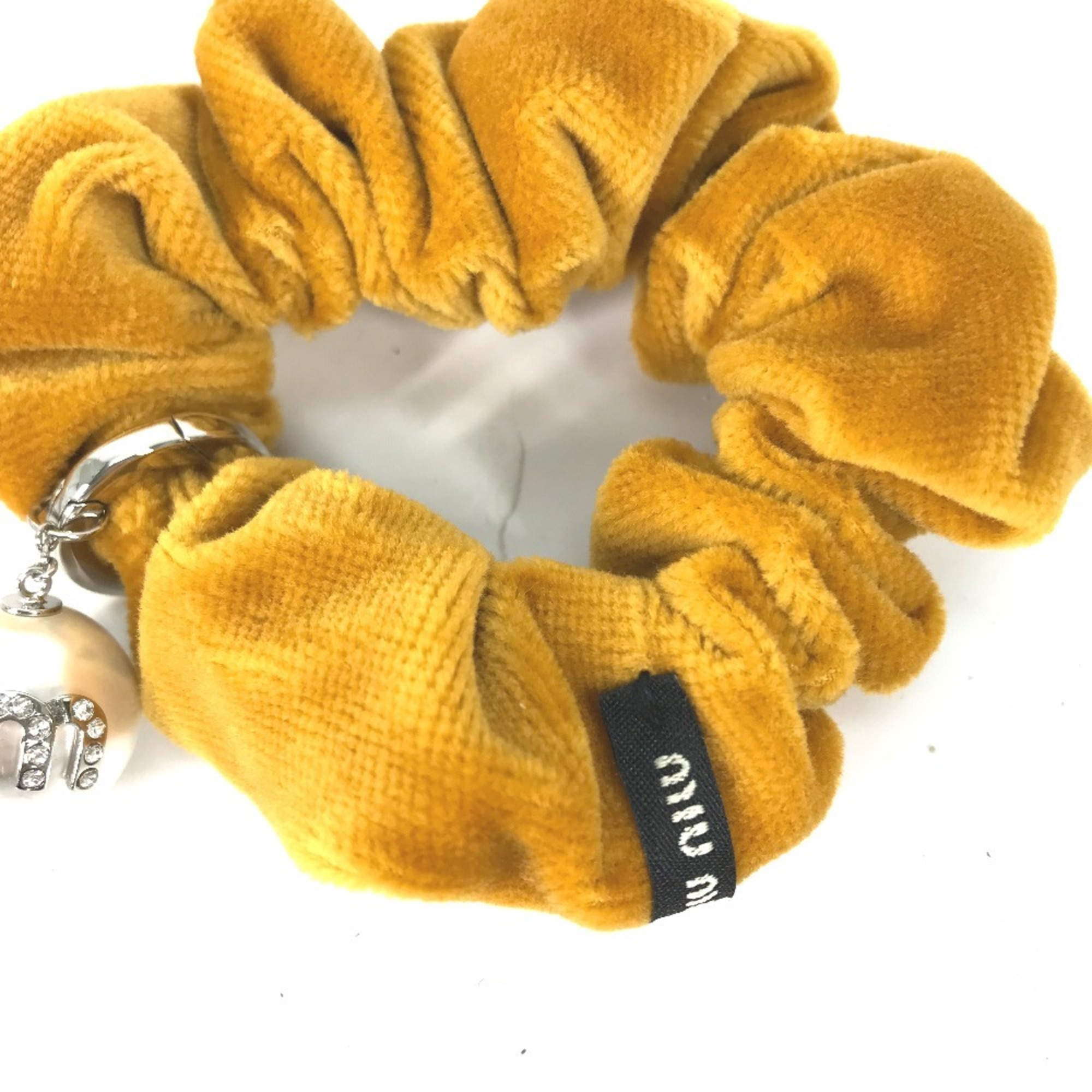 MIU Miu Crystal Faux Pearl Rhinestone Hair Tie Scrunchie Velvet Women's Yellow