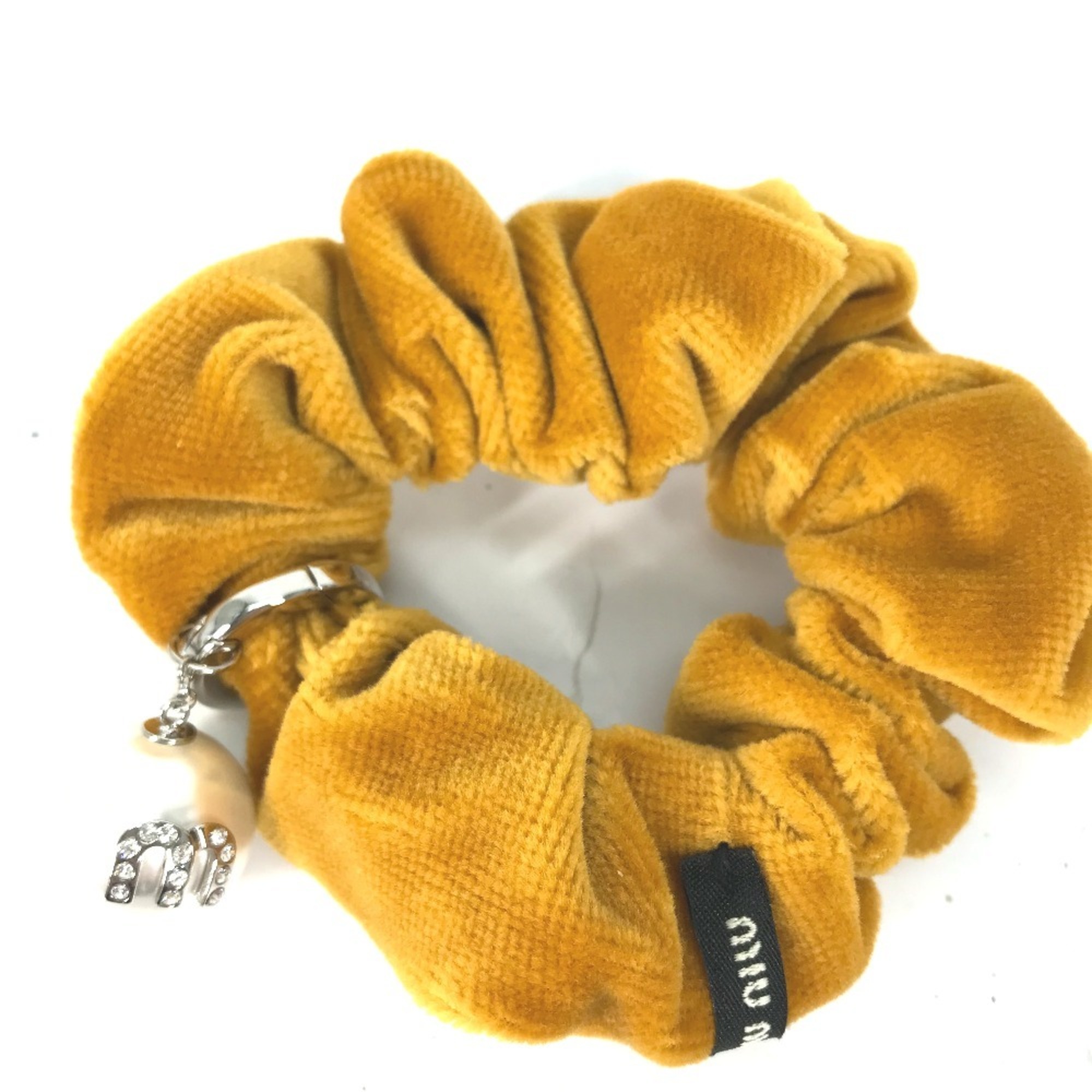 MIU Miu Crystal Faux Pearl Rhinestone Hair Tie Scrunchie Velvet Women's Yellow