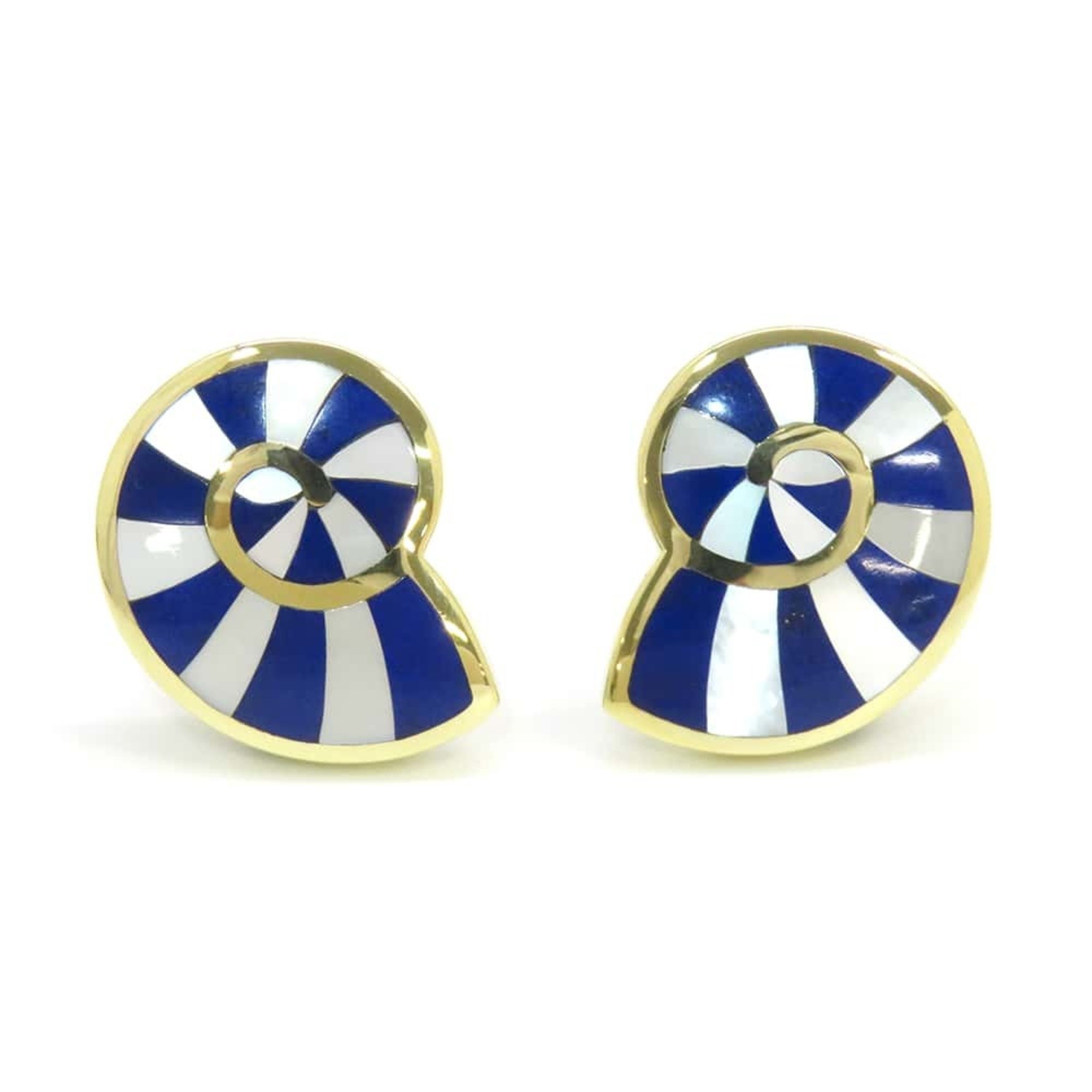 Tiffany earrings, ammonite motif, K18YG yellow gold, mother of pearl, lapis lazuli