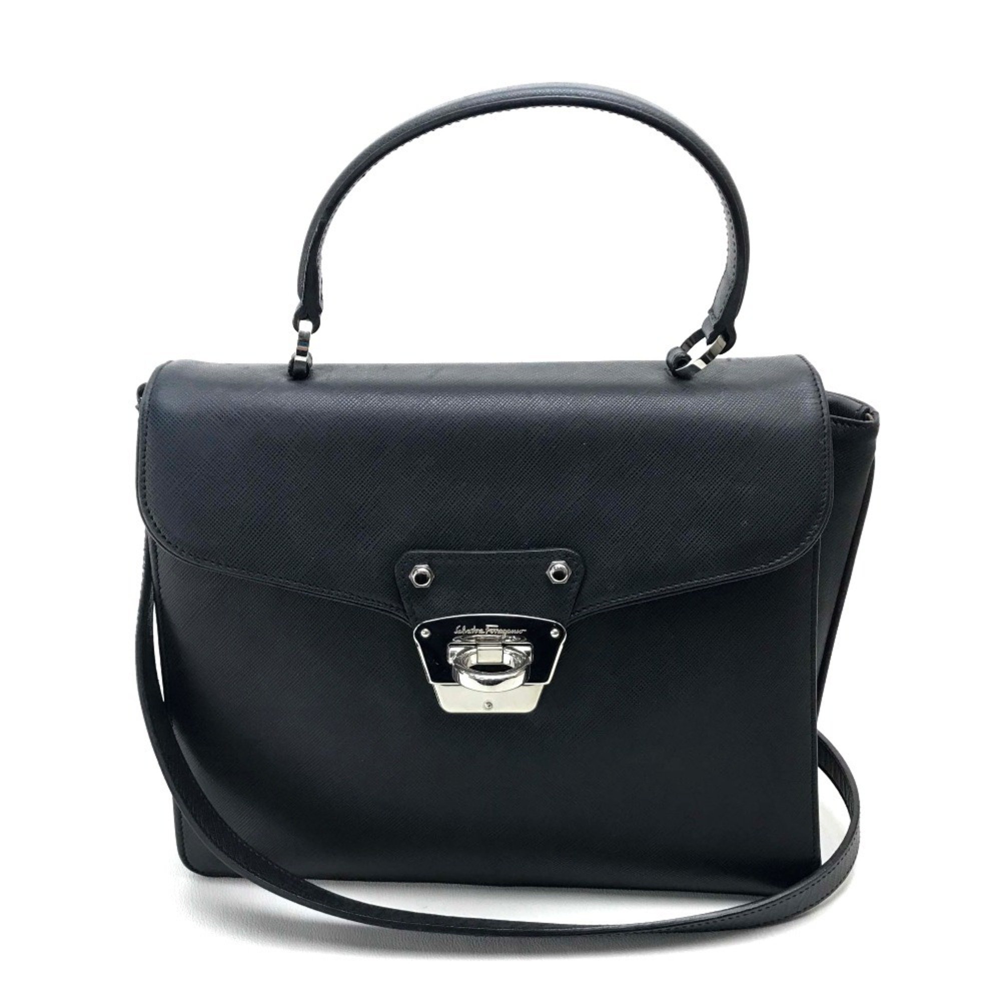 Salvatore Ferragamo Gancini Shoulder Bag Handbag Leather Women's Black