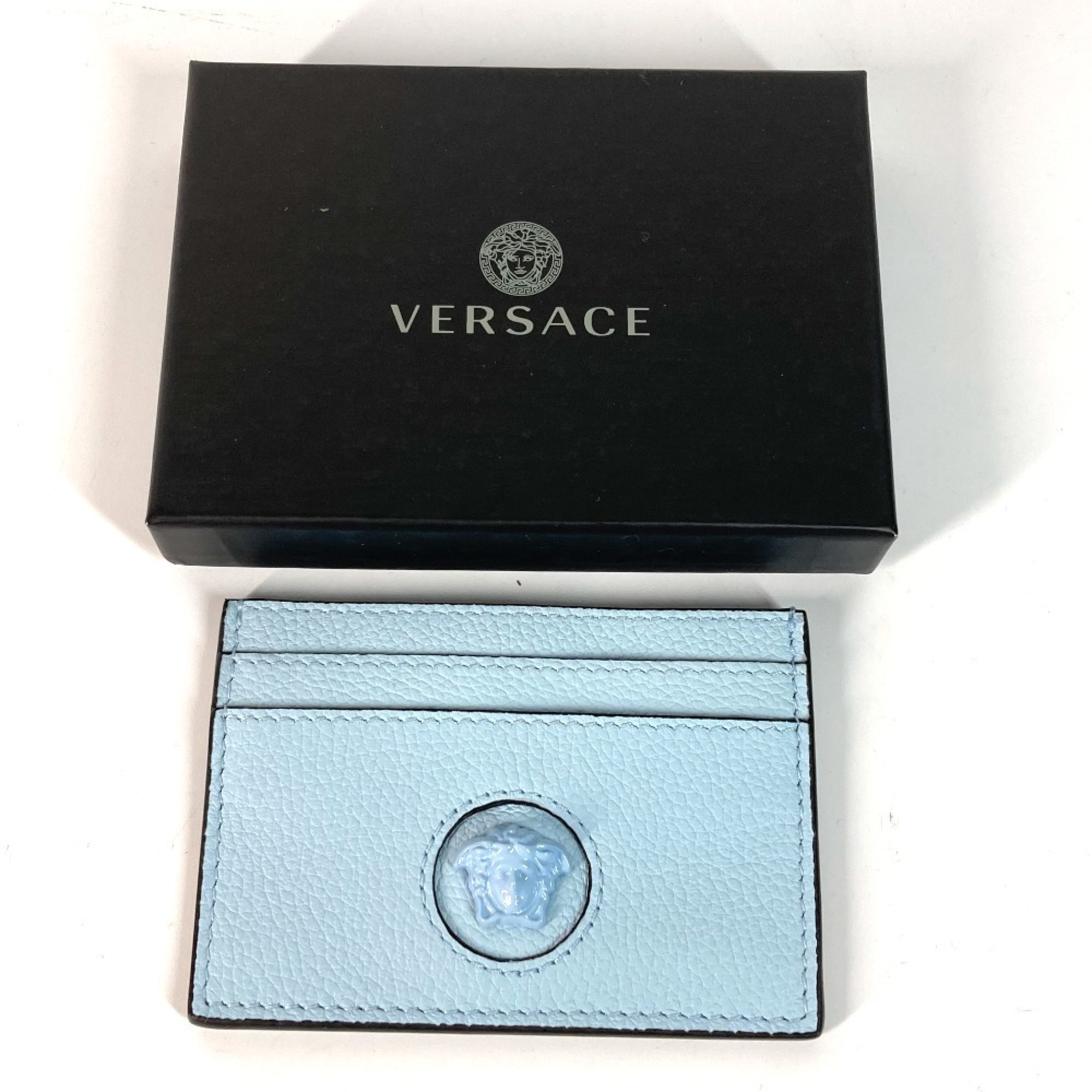 VERSACE Medusa Business Card Holder, Pass Case, Leather, Women's, Light Blue