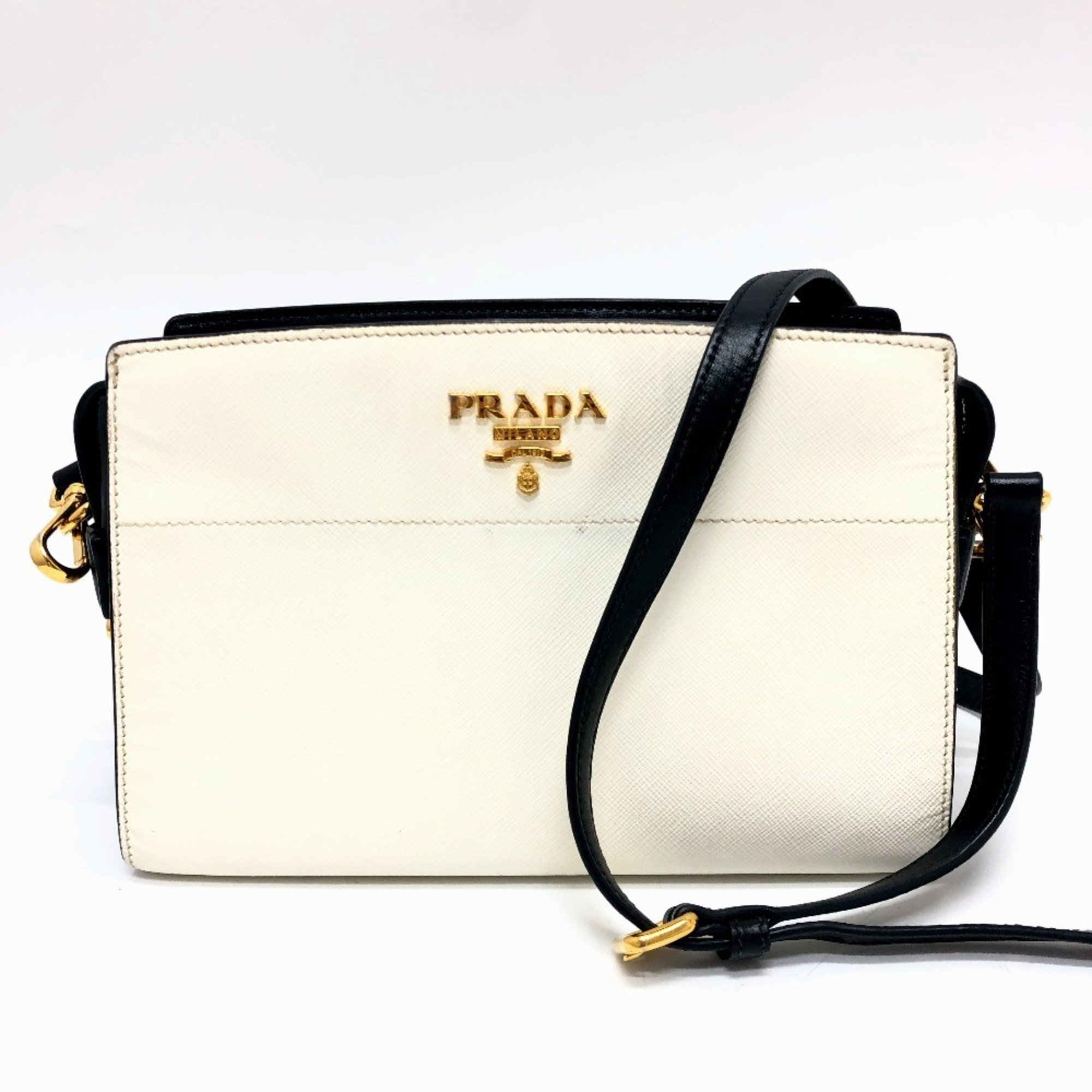 PRADA 1BH104 Bicolor Shoulder Bag Saffiano Leather Women's White Black