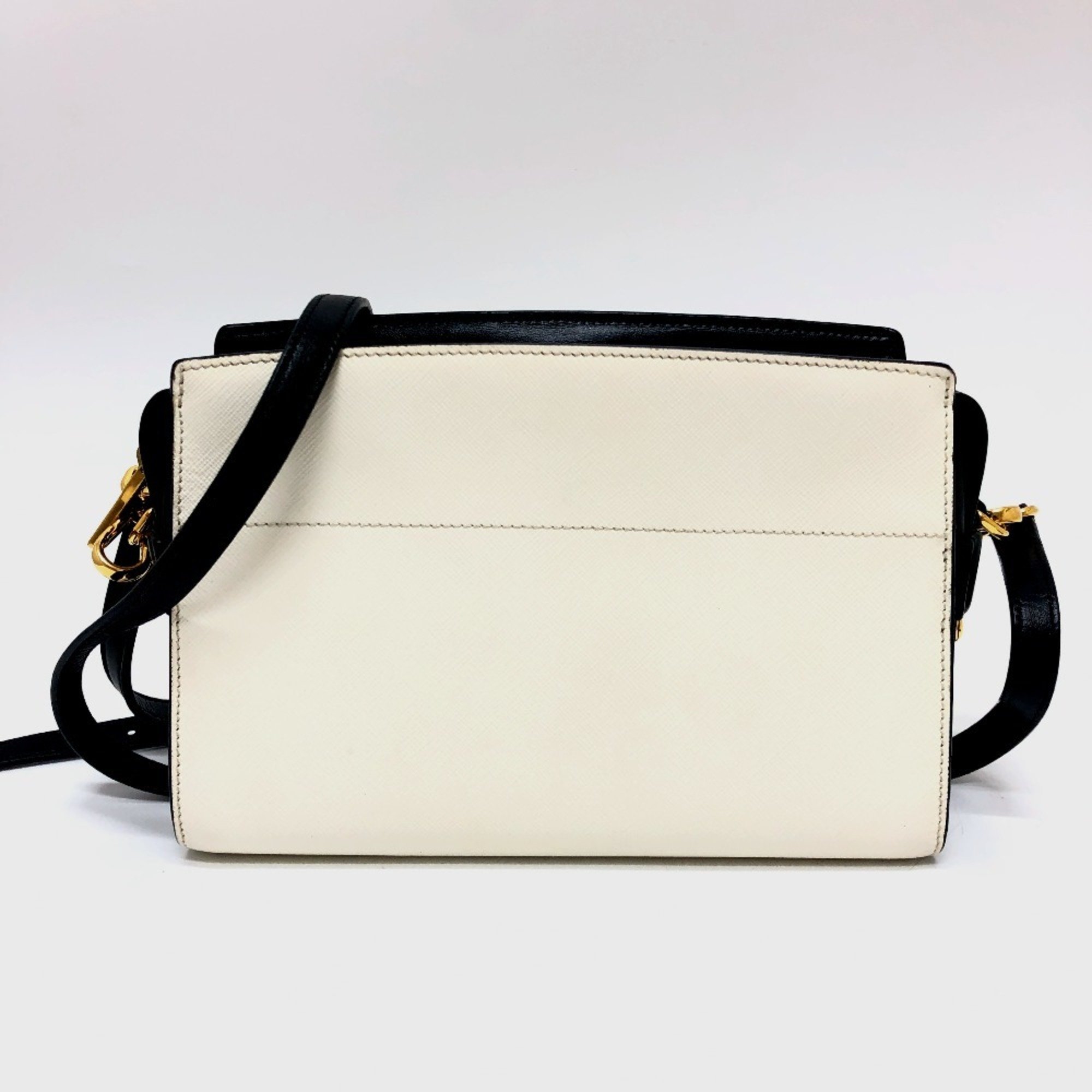 PRADA 1BH104 Bicolor Shoulder Bag Saffiano Leather Women's White Black