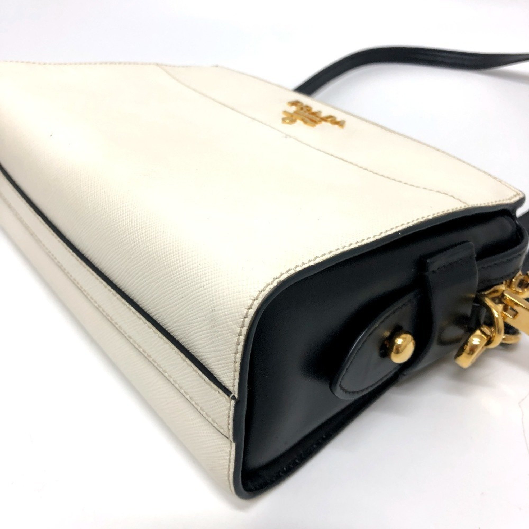 PRADA 1BH104 Bicolor Shoulder Bag Saffiano Leather Women's White Black