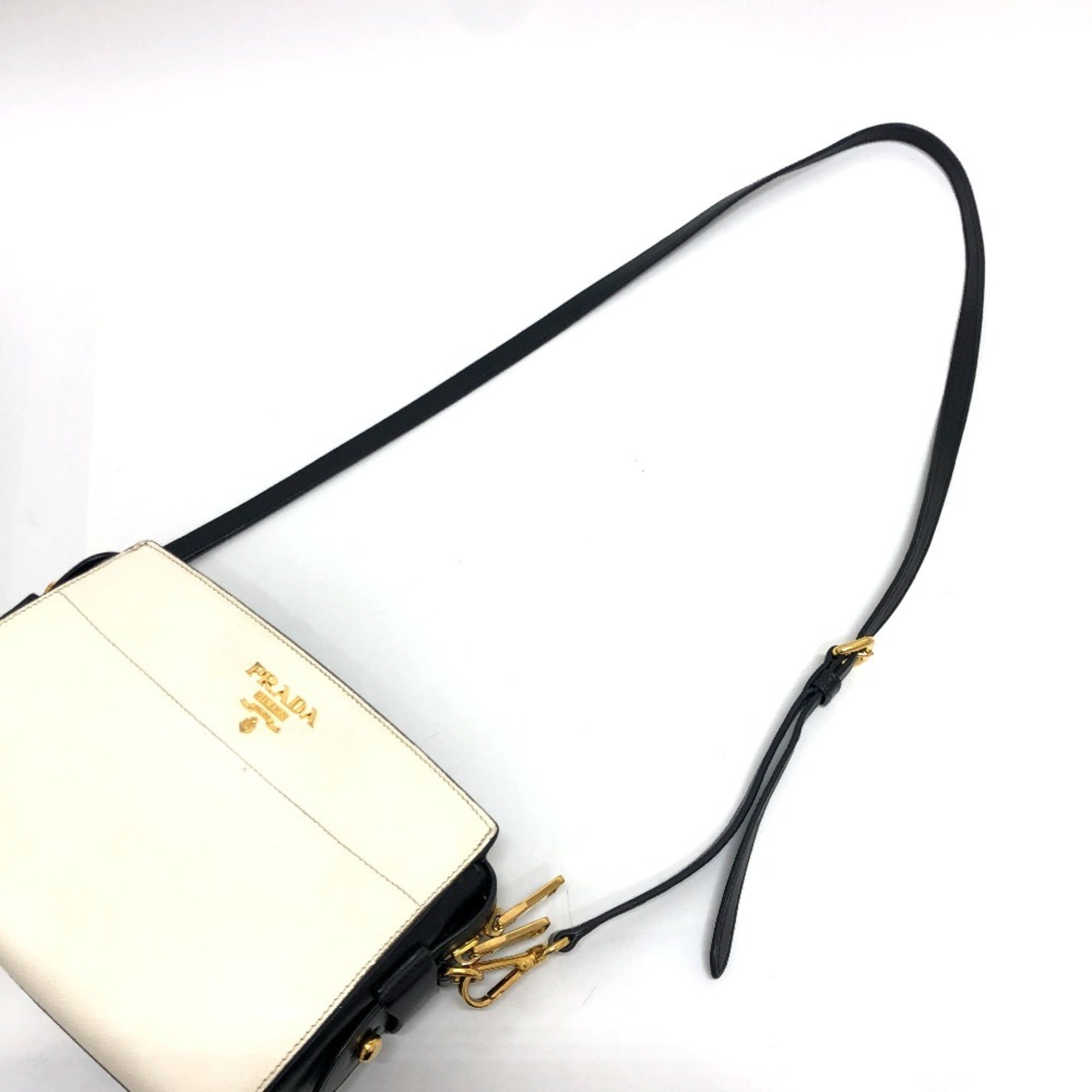 PRADA 1BH104 Bicolor Shoulder Bag Saffiano Leather Women's White Black