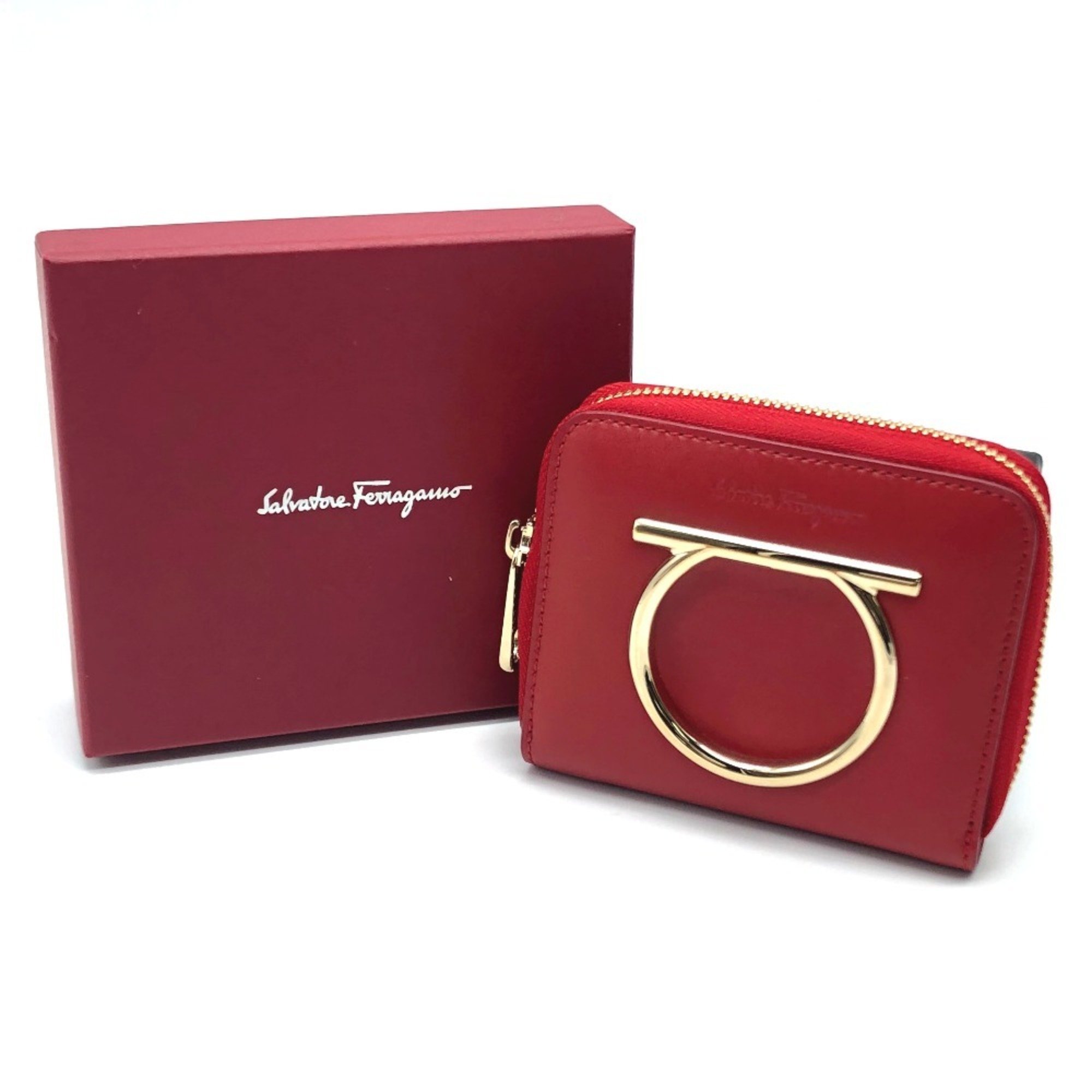 Salvatore Ferragamo Gancini Short Wallet Round Bi-fold Leather Women's Red x