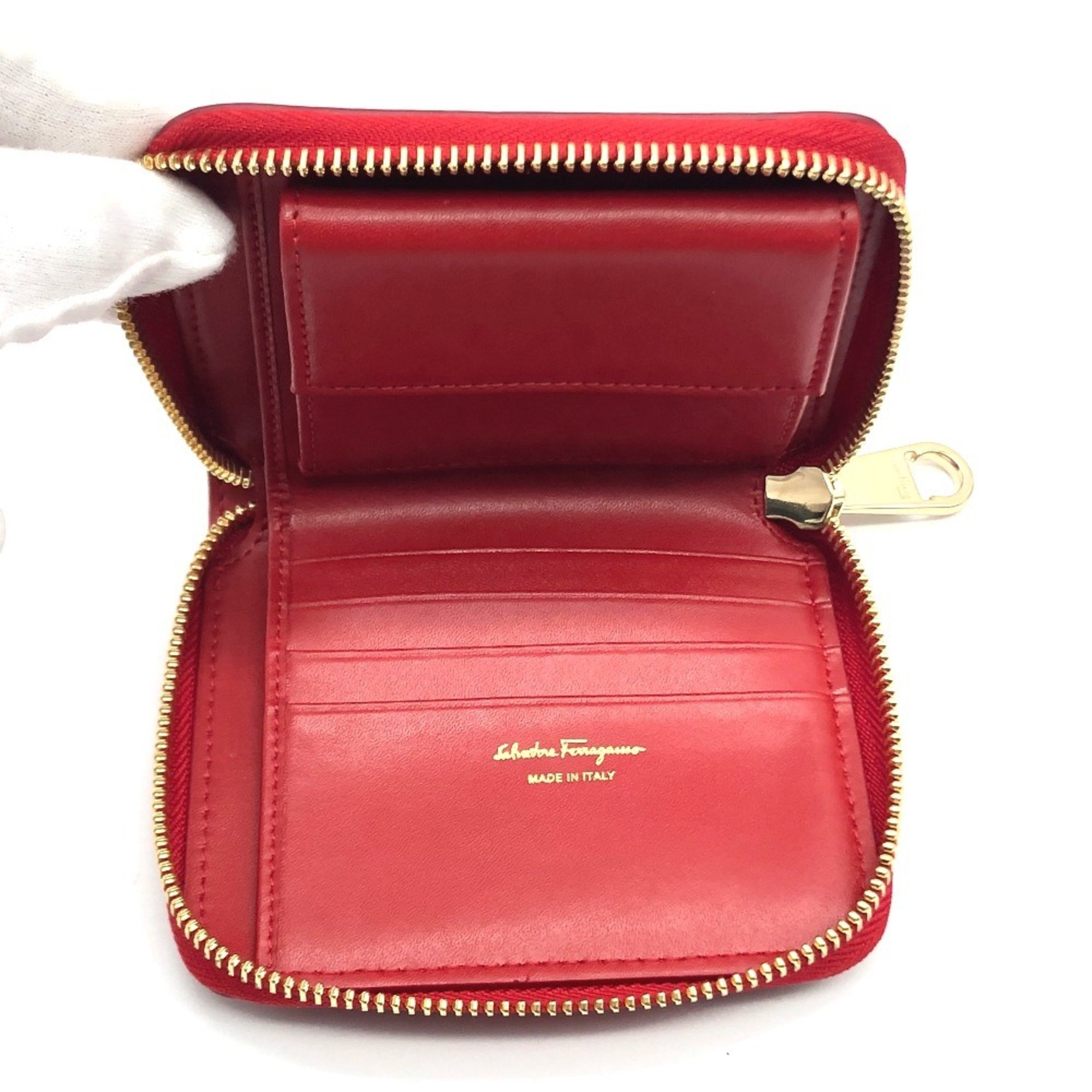 Salvatore Ferragamo Gancini Short Wallet Round Bi-fold Leather Women's Red x