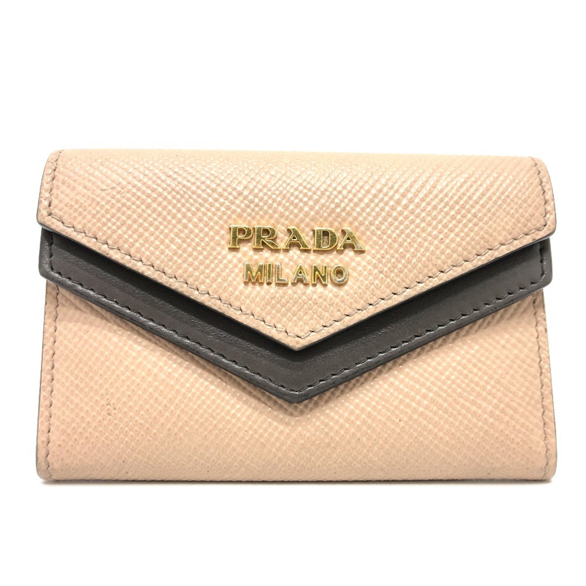 PRADA 1MC065 Business Card Holder Pass Case Holder/Card Leather Women's Beige