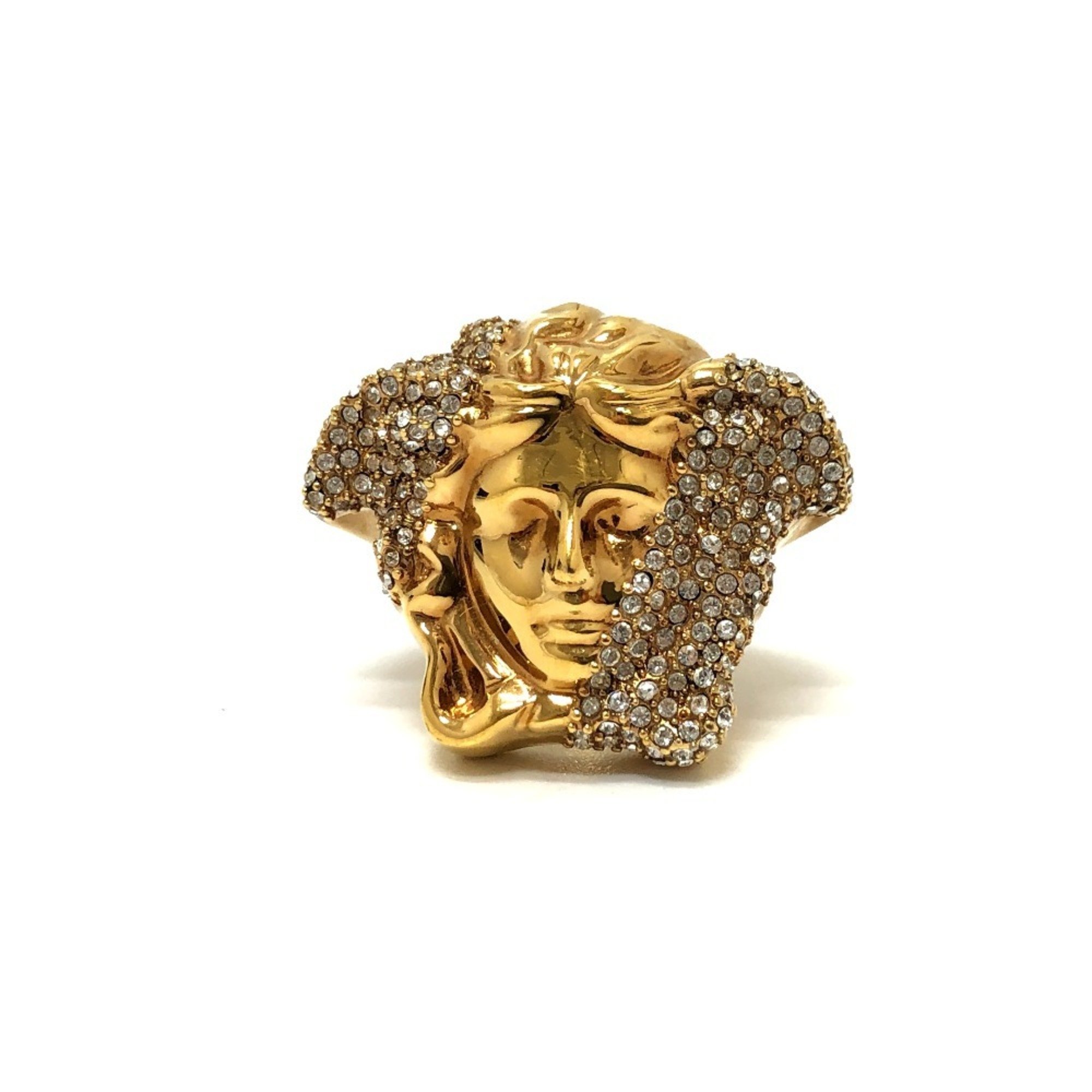 VERSACE Rhinestone Medusa Ring, Metal, Women's, Gold