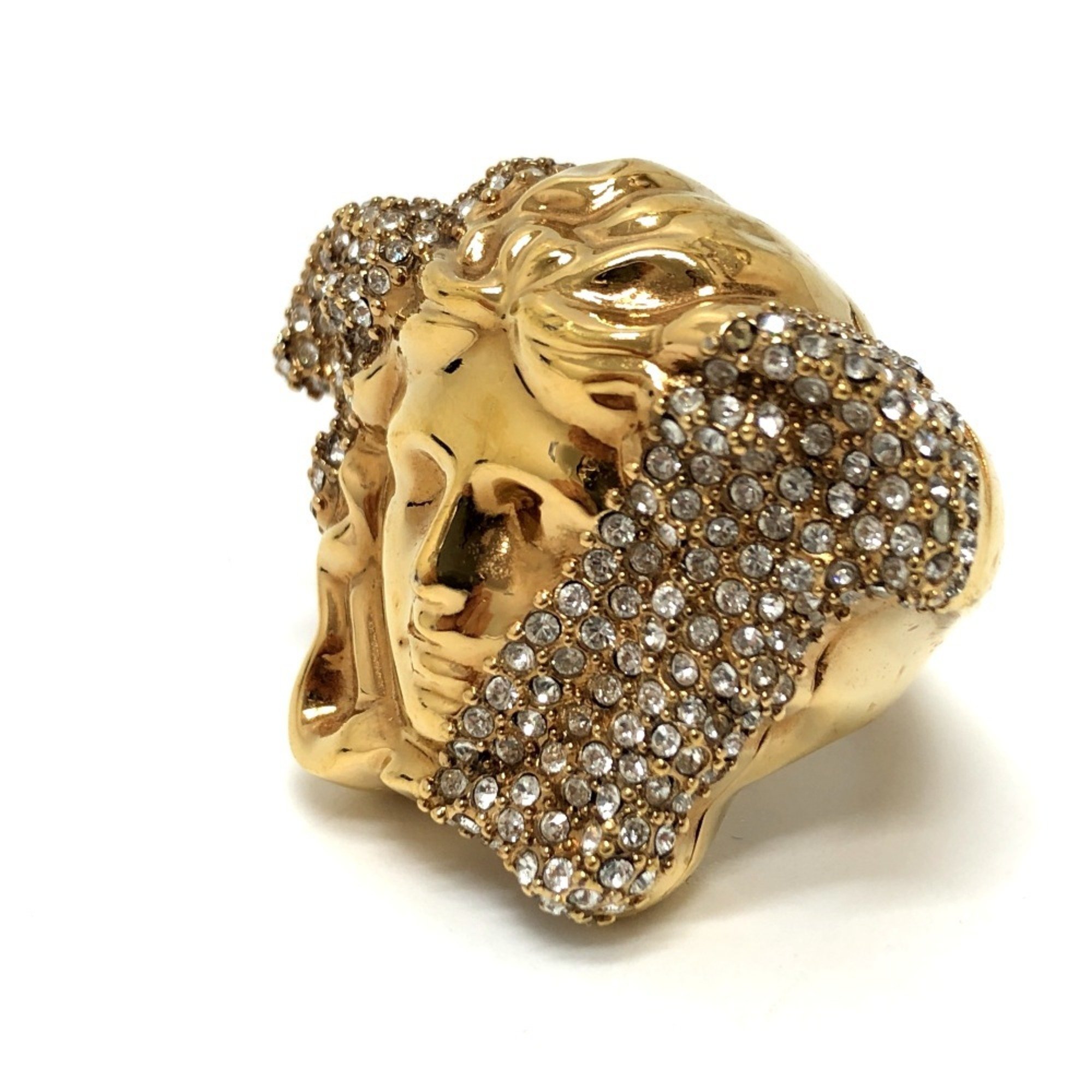 VERSACE Rhinestone Medusa Ring, Metal, Women's, Gold