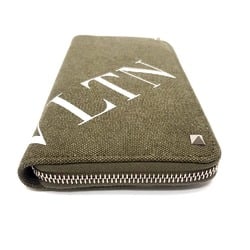 Valentino Garavani Studded VLTN Print Round Long Wallet Canvas x Leather Men's Women's Khaki White