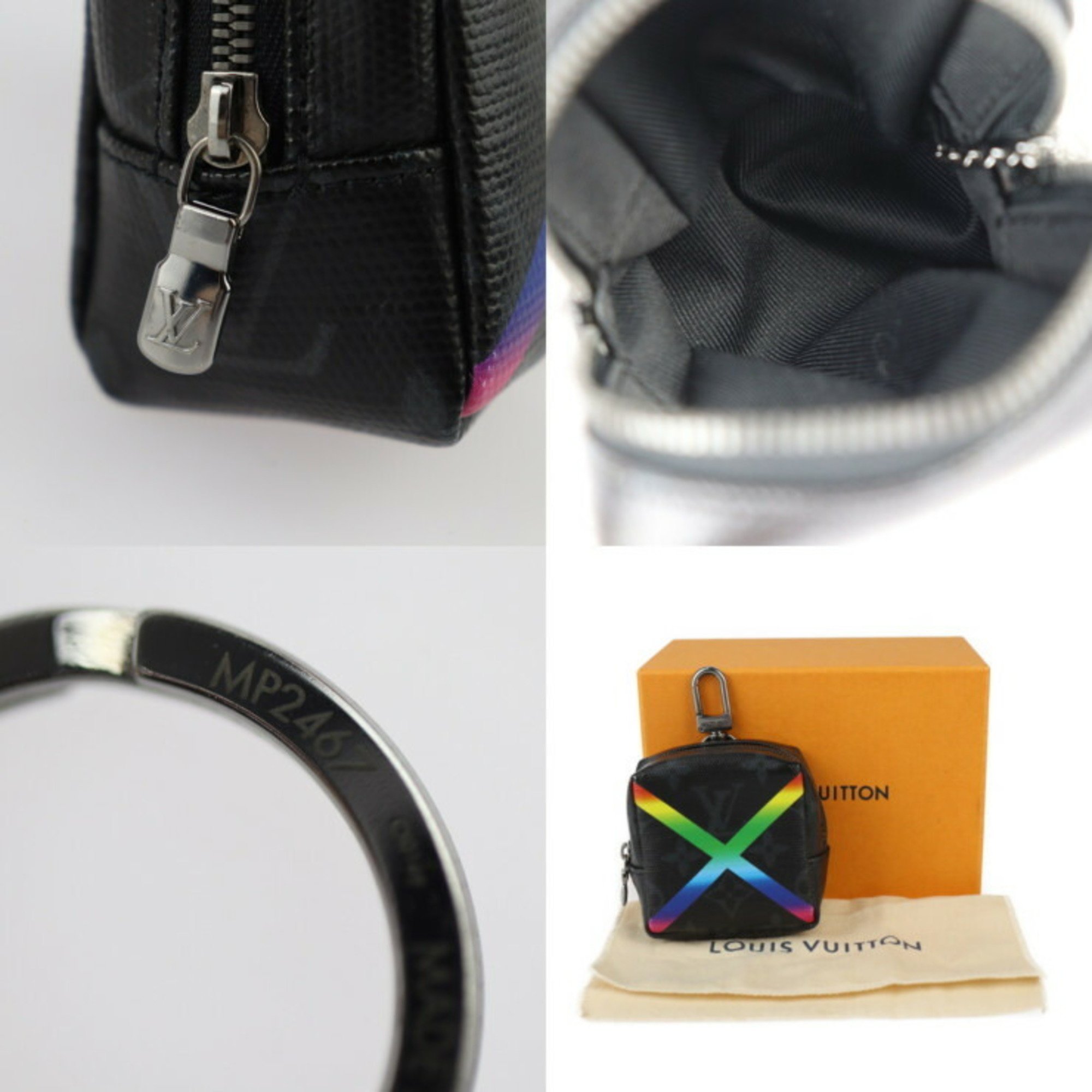 LOUIS VUITTON Louis Vuitton Bijoux Sac Square Pouch Shiny Monogram Keychain MP2467 Coated Canvas Leather Black Rainbow Color Bag Charm Keyring