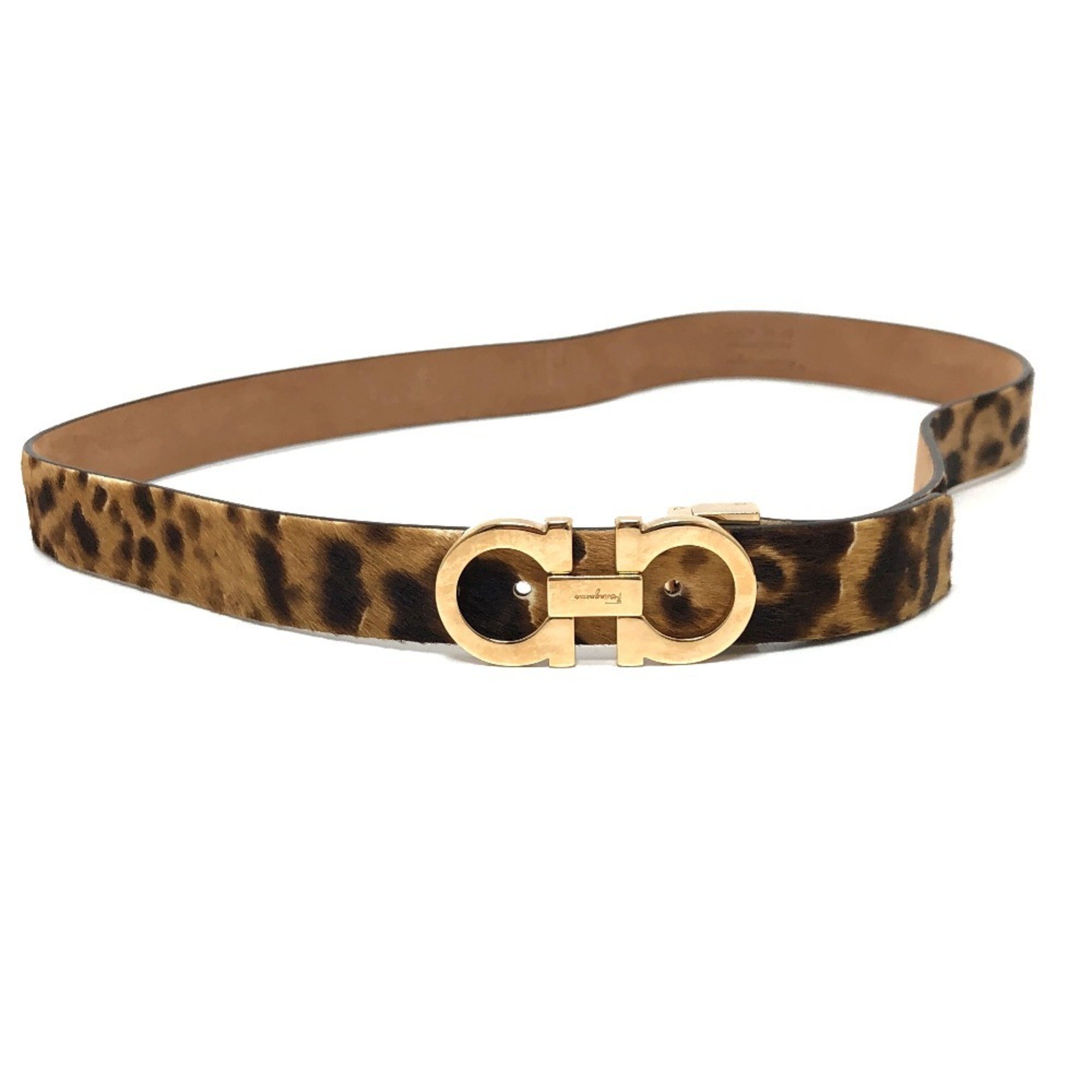 Salvatore Ferragamo Gancini Leopard Belt, Leather, Pony, Women's, Brown