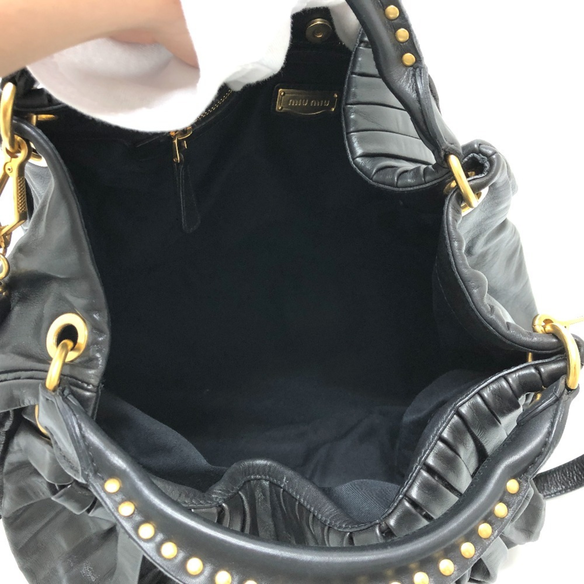 MIU Miu Matelasse Gathered Shoulder Bag Leather Women's Black