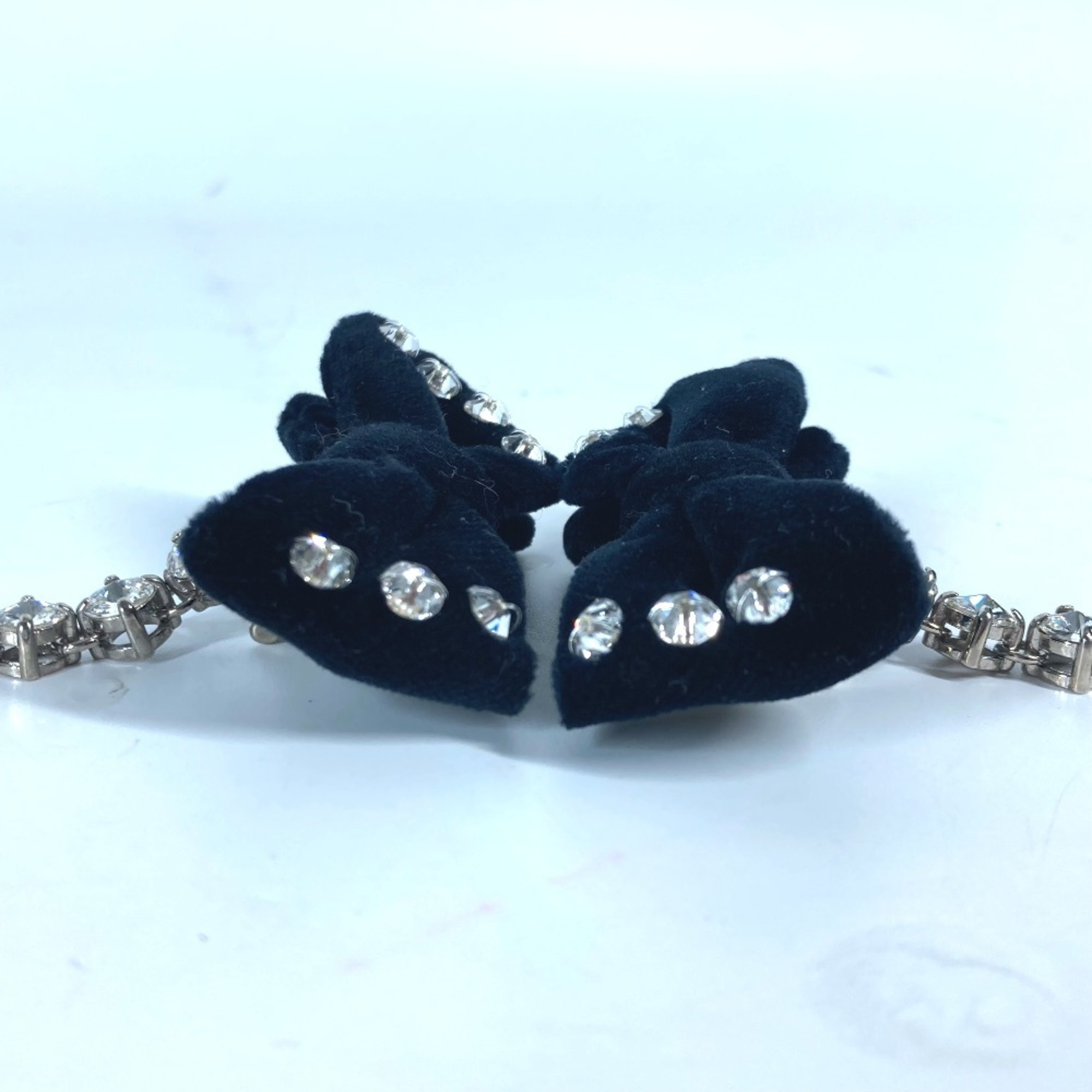 MIU Miu Rhinestone Ribbon Crystal Earrings Velvet Women's Black