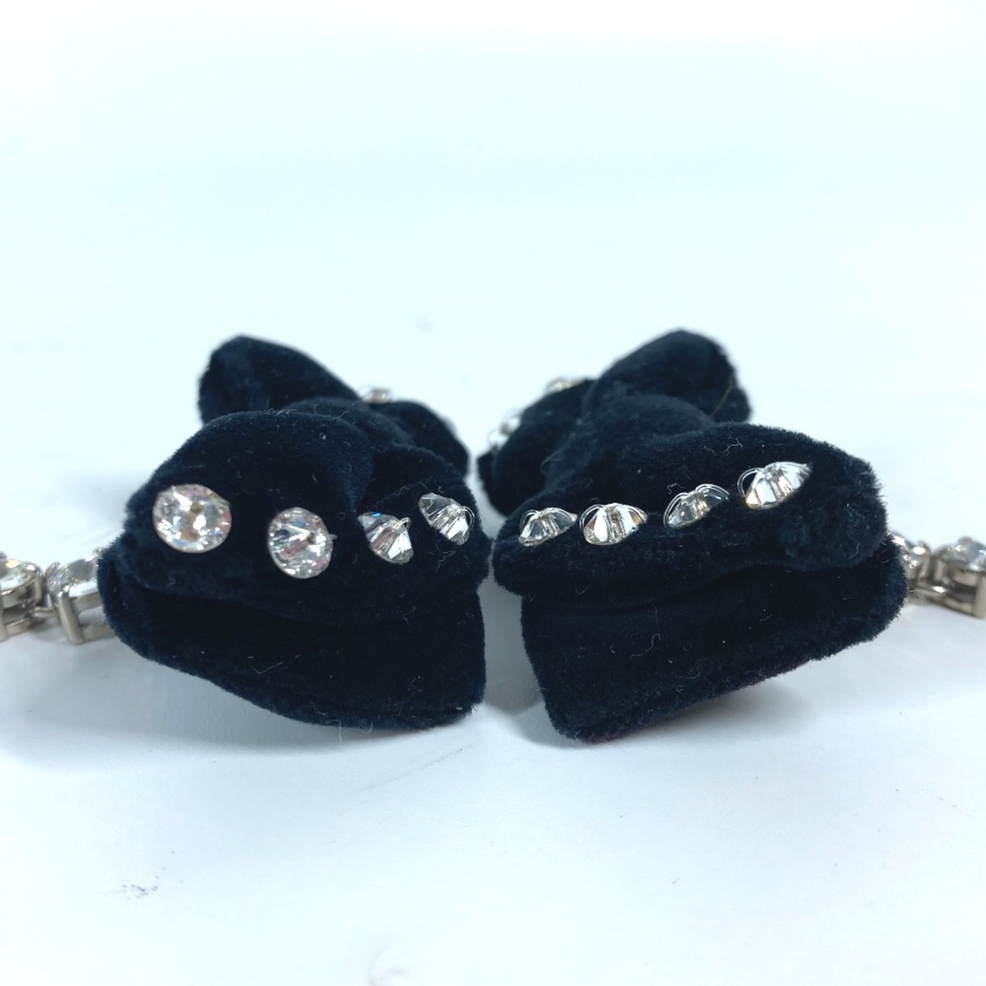 MIU Miu Rhinestone Ribbon Crystal Earrings Velvet Women's Black