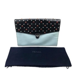 PRADA VR074C Saffiano Jewel x Studs Flap Clutch Bag Leather Men's Women's Black