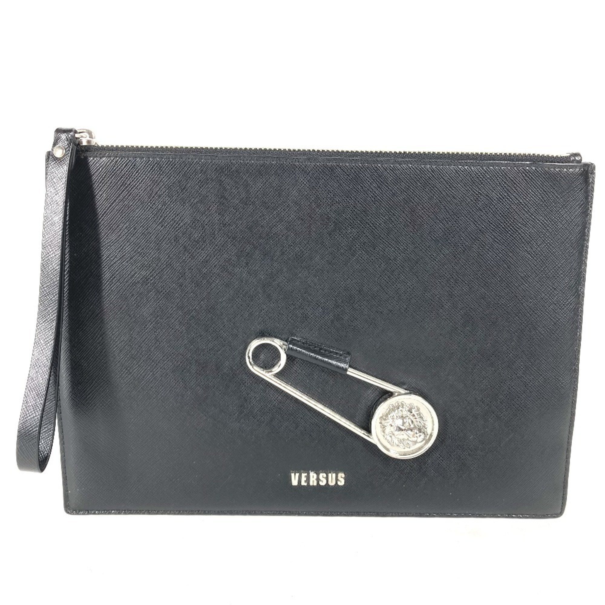 VERSUS Pouch Lion Safety Pin Clutch Bag Leather Women's Black