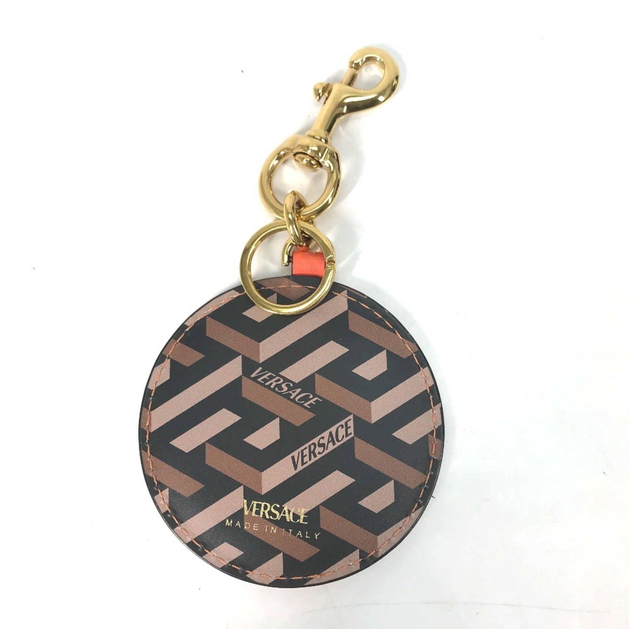 VERSACE Versace Round Bag Charm Keychain Leather Women's Orange