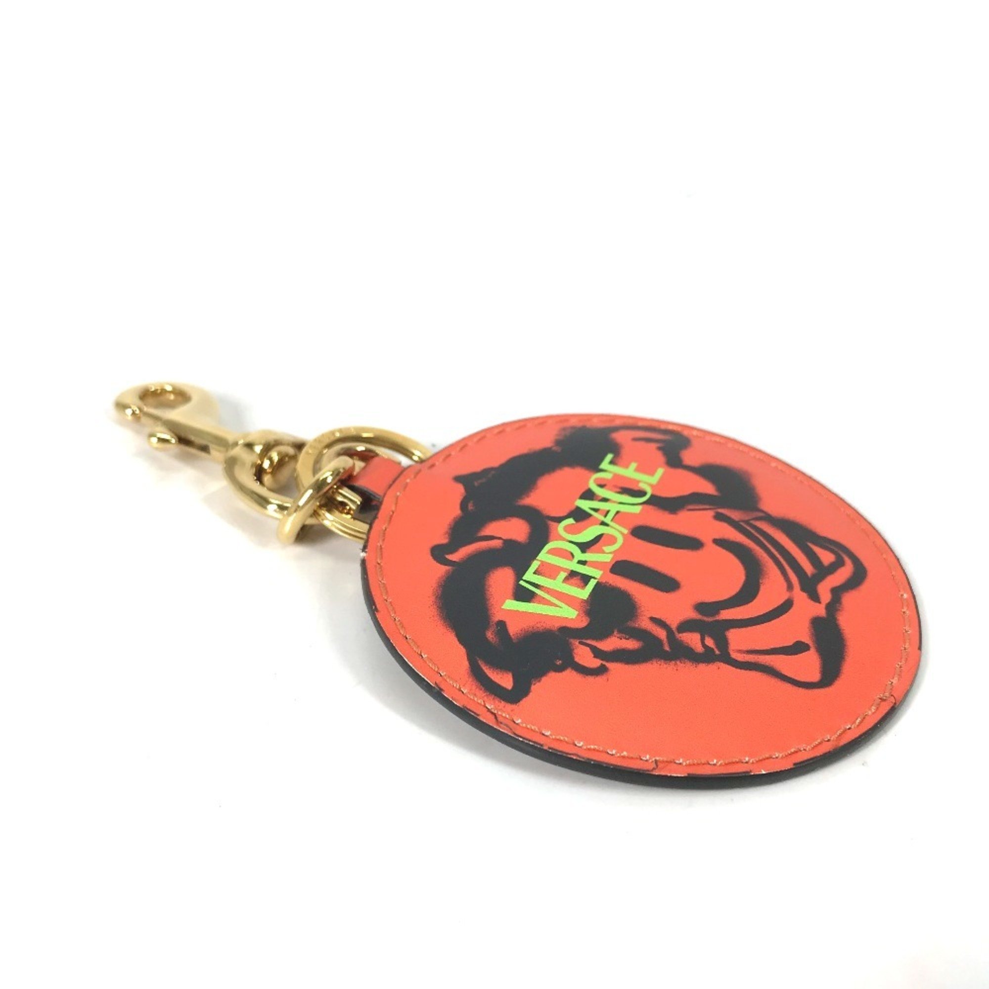 VERSACE Versace Round Bag Charm Keychain Leather Women's Orange