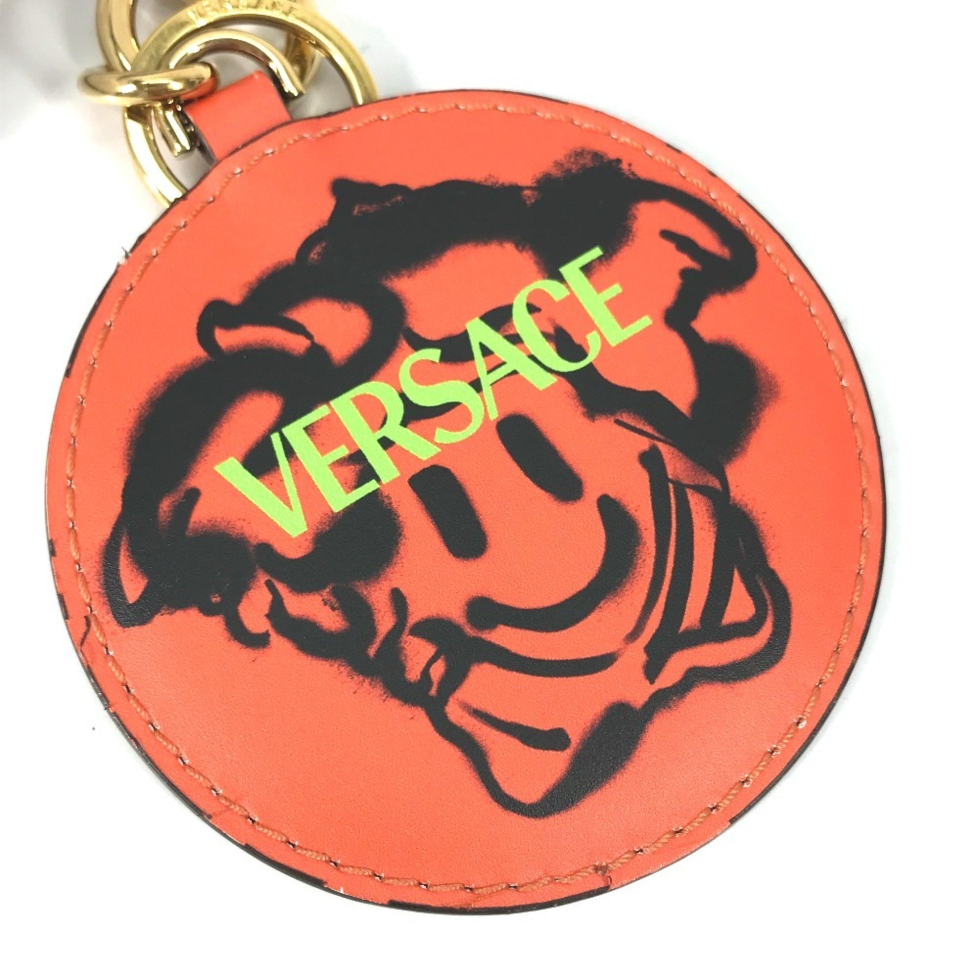 VERSACE Versace Round Bag Charm Keychain Leather Women's Orange