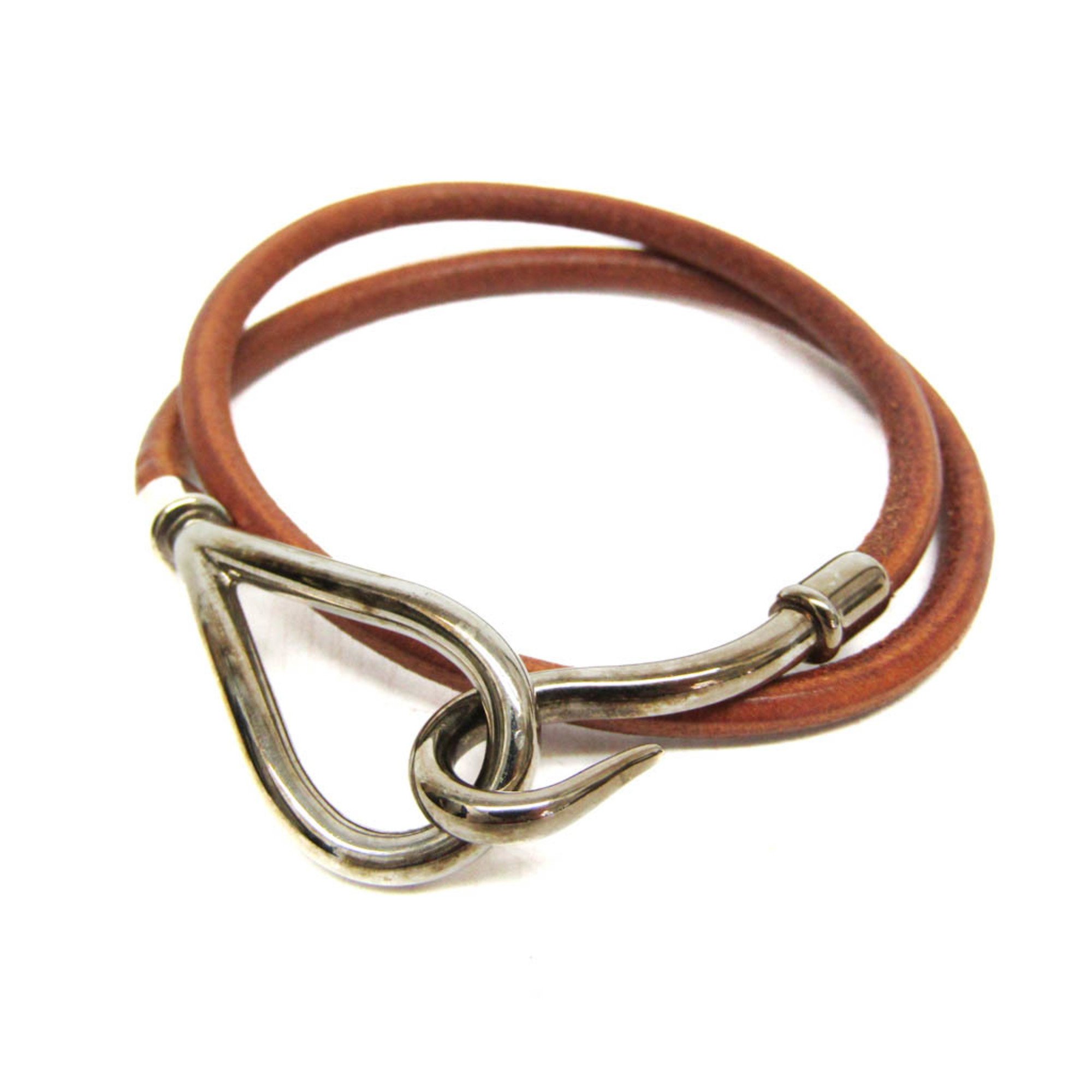 Hermes Jumbo Choker Leather,Metal No Stone Bangle Brown,Silver