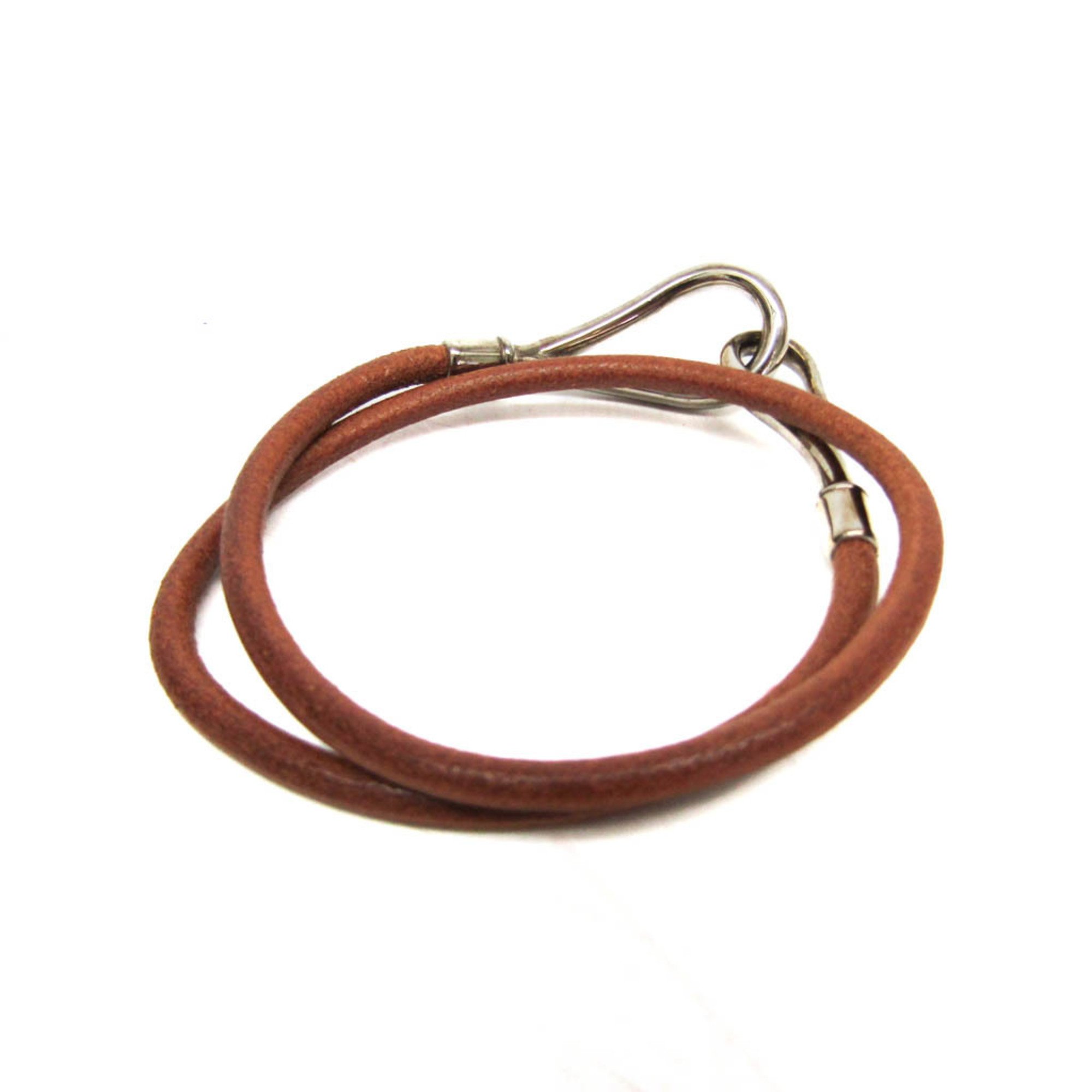 Hermes Jumbo Choker Leather,Metal No Stone Bangle Brown,Silver