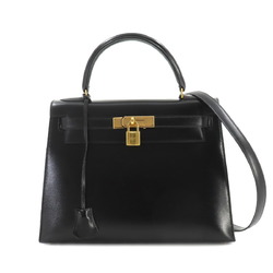 Hermes Kelly 28 2way hand shoulder bag, box calf leather, black, 〇T engraved, outer stitching, gold hardware,