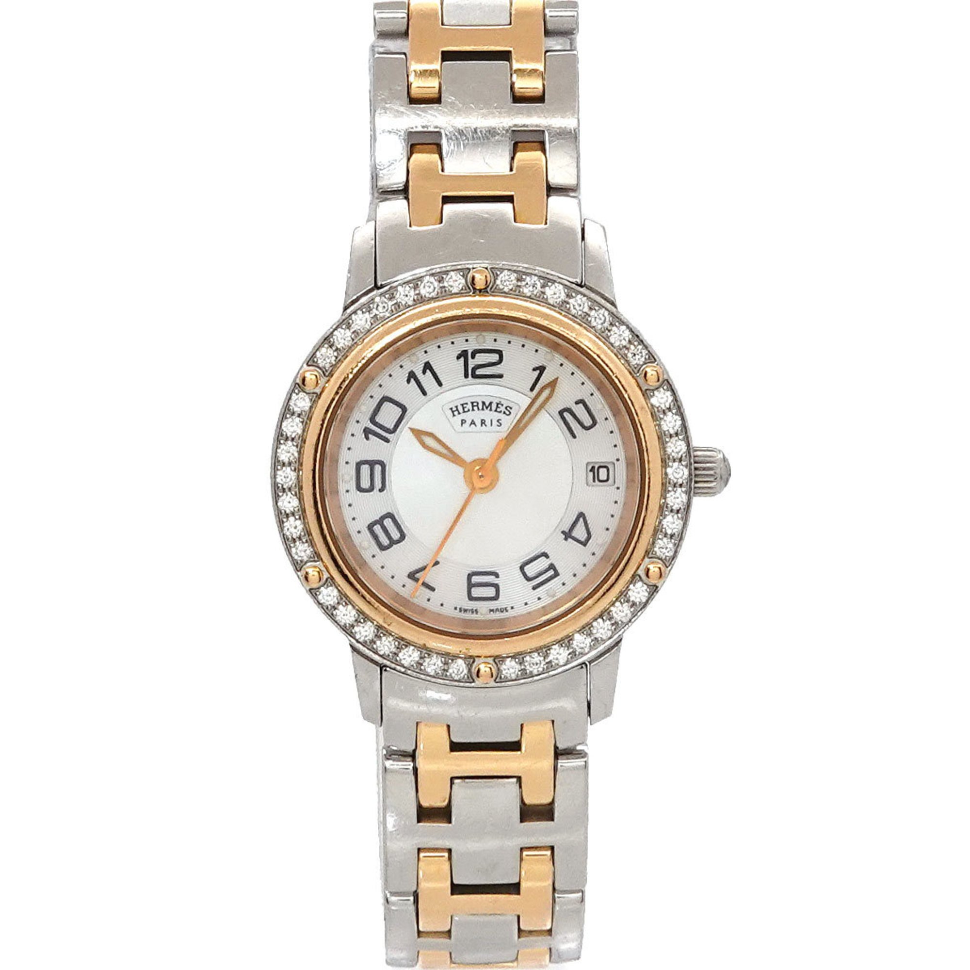 Hermes Clipper Nakre Combi CP1 222 Ladies Watch Diamond Bezel Date White Shell Quartz