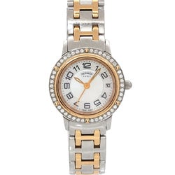 Hermes Clipper Nakre Combi CP1 222 Ladies Watch Diamond Bezel Date White Shell Quartz