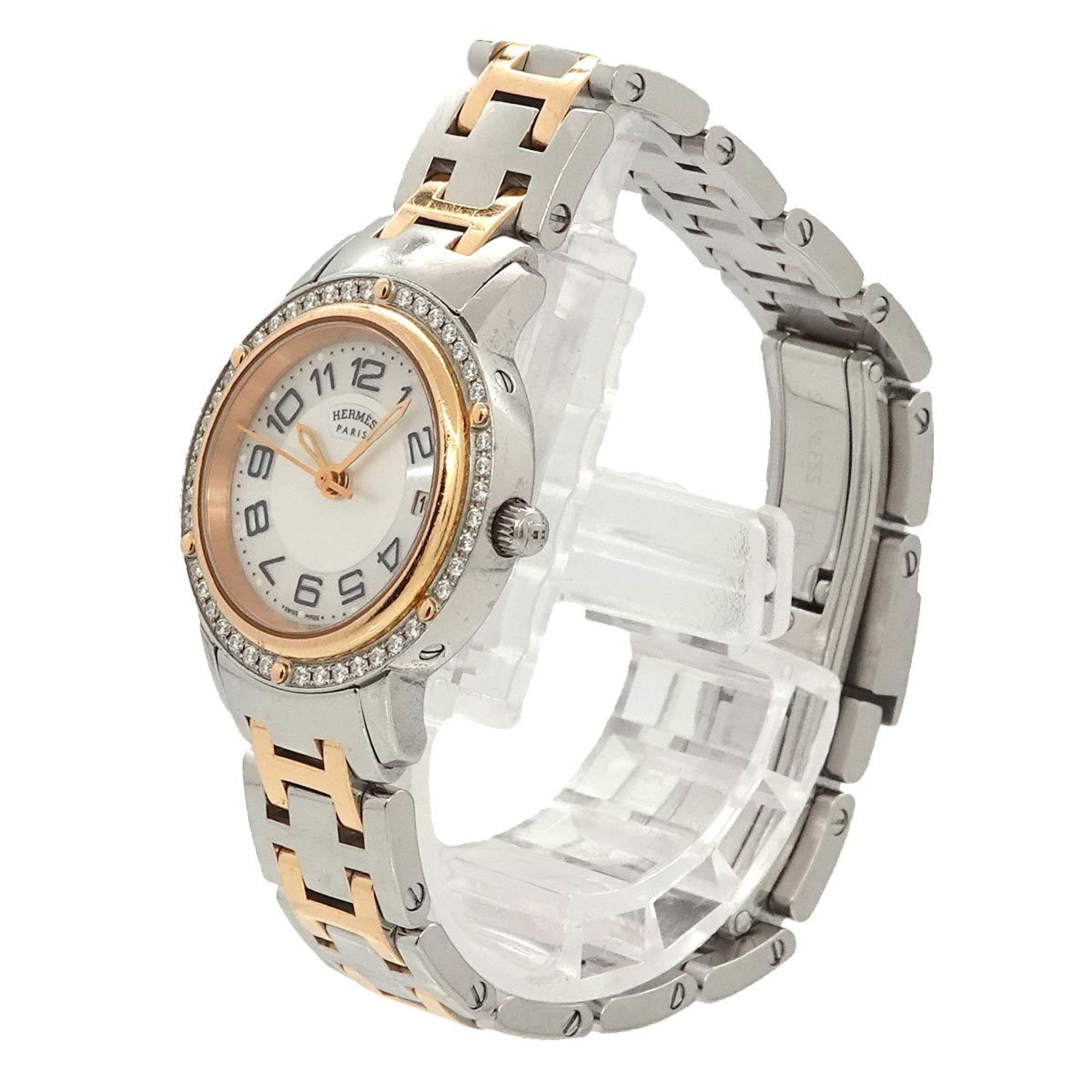 Hermes Clipper Nakre Combi CP1 222 Ladies Watch Diamond Bezel Date White Shell Quartz