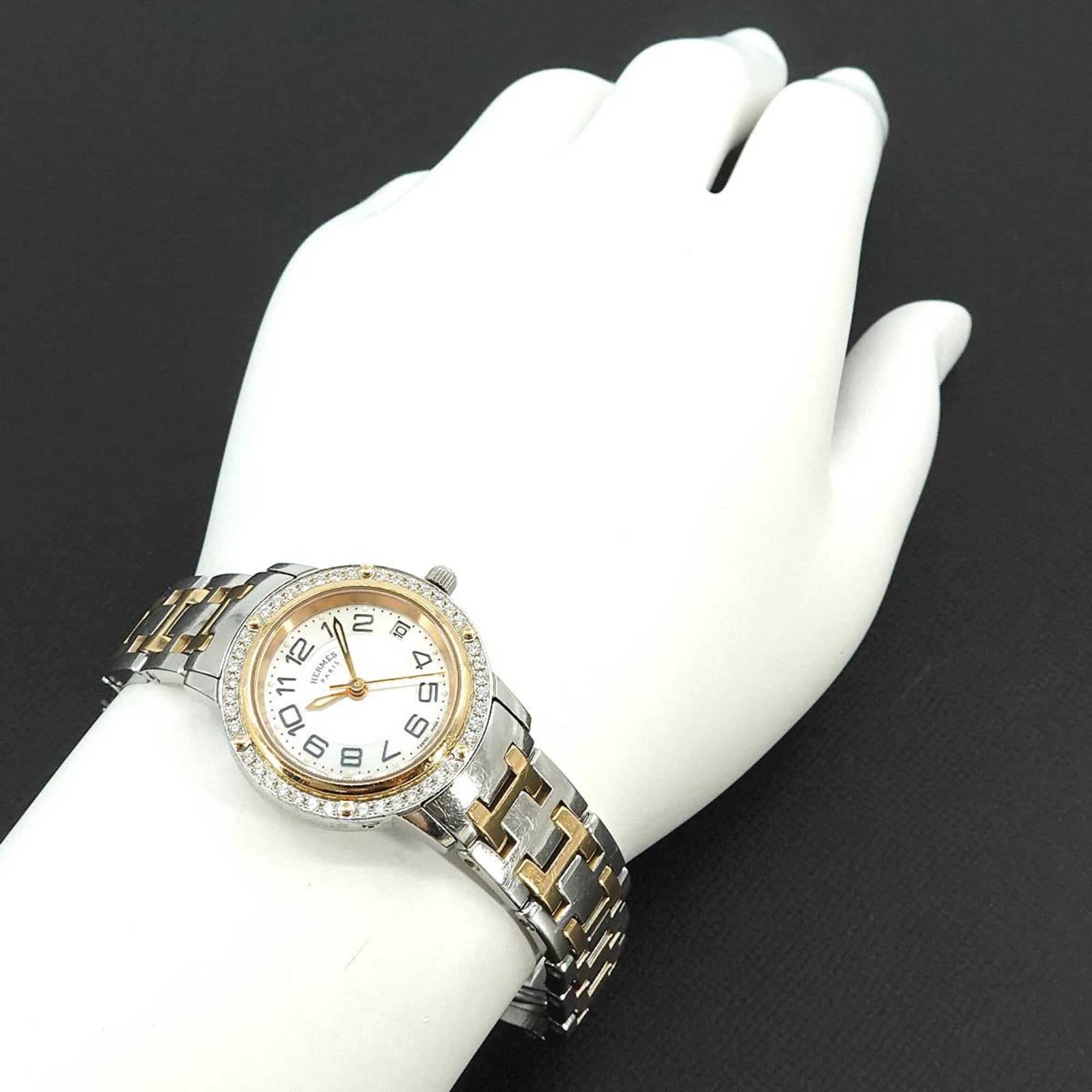 Hermes Clipper Nakre Combi CP1 222 Ladies Watch Diamond Bezel Date White Shell Quartz