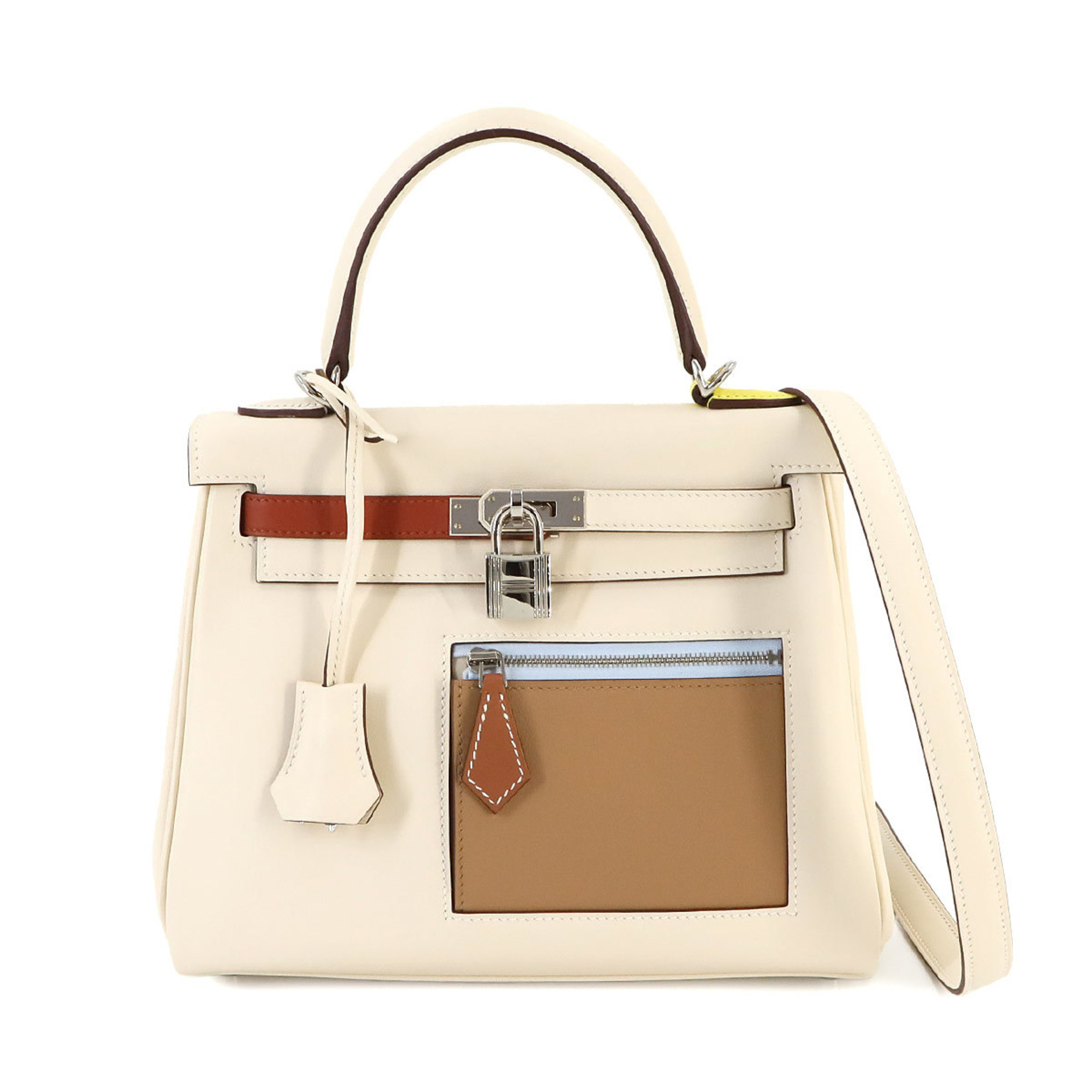 Hermes Kelly 25 Colormatic 2way Hand Shoulder Bag Swift Nata Multicolor U Engraved Inner Stitching Silver Hardware