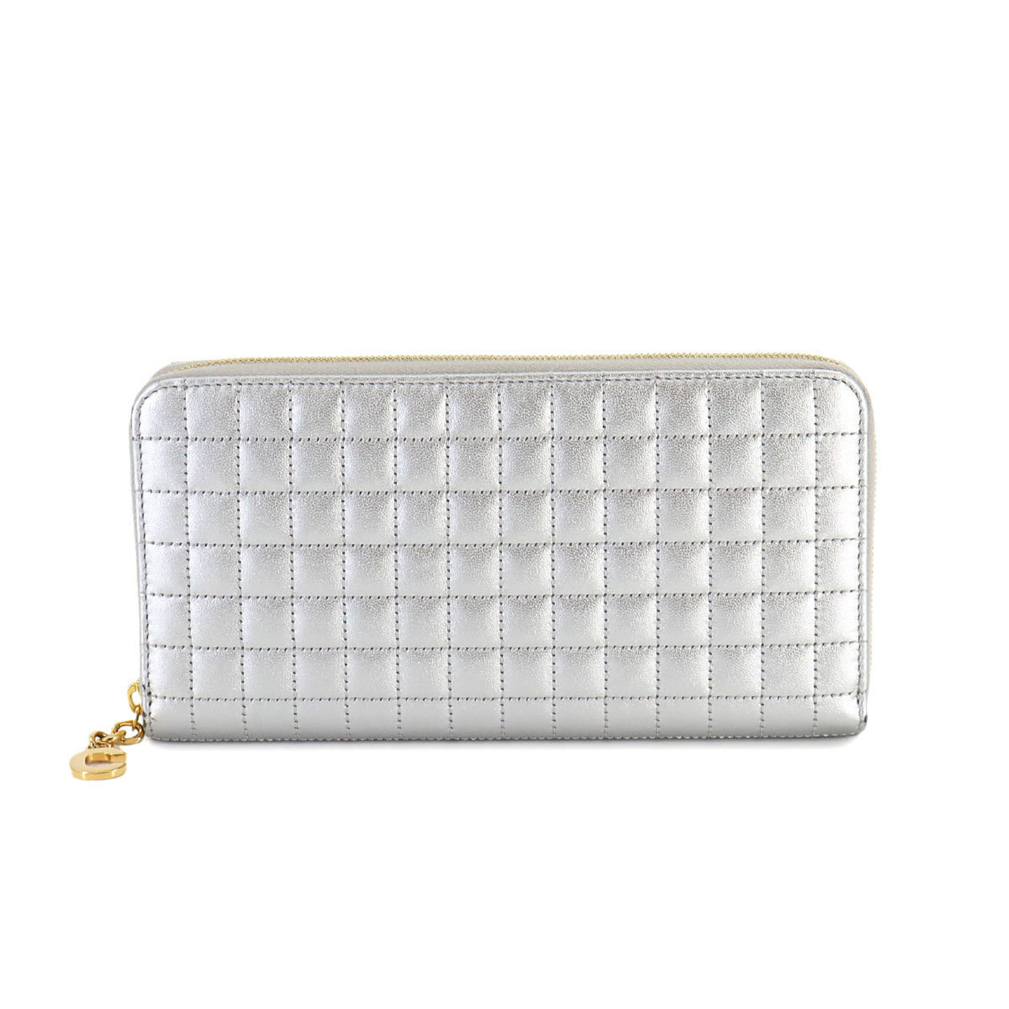 CELINE Large Zipped Wallet Long Leather Silver 10B553BER Quilted Gold Hardware