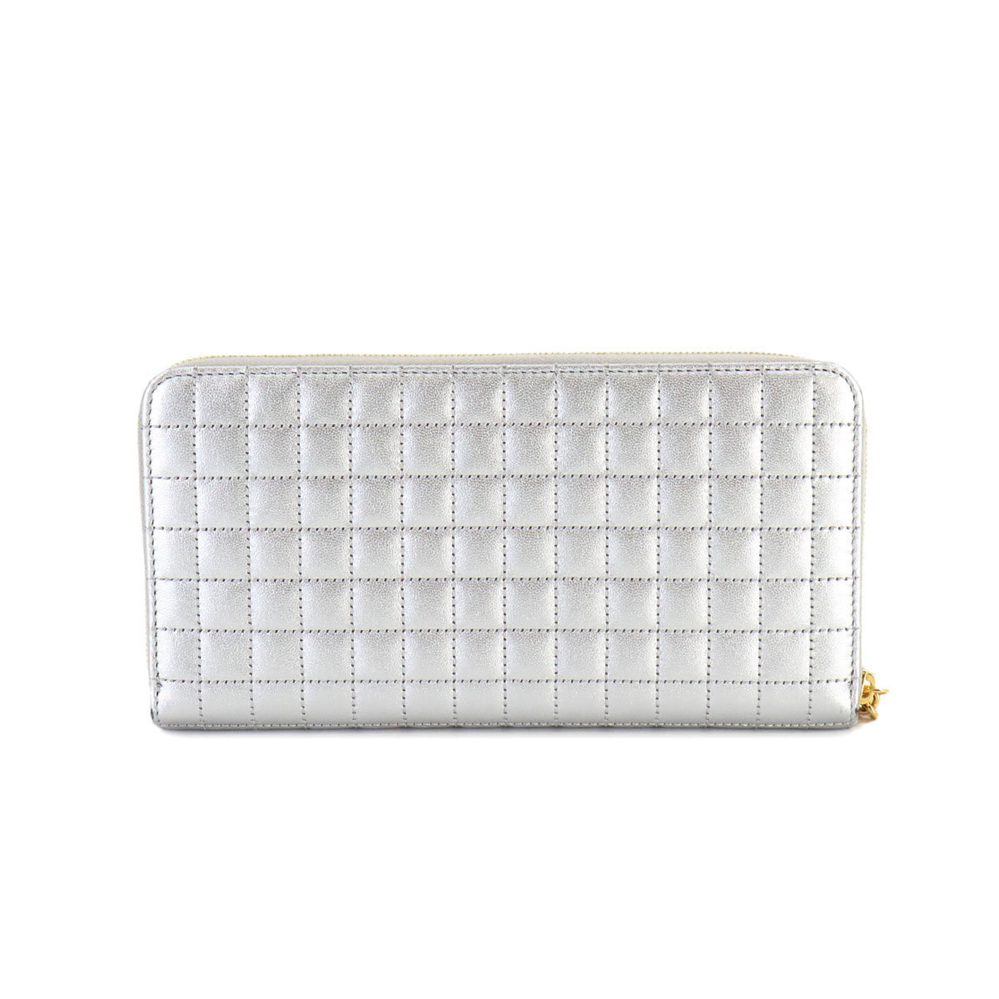 CELINE Large Zipped Wallet Long Leather Silver 10B553BER Quilted Gold Hardware