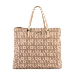 FENDI Zucchino Canvas Leather Pink Beige 8BH133 Gold Hardware Tote Bag