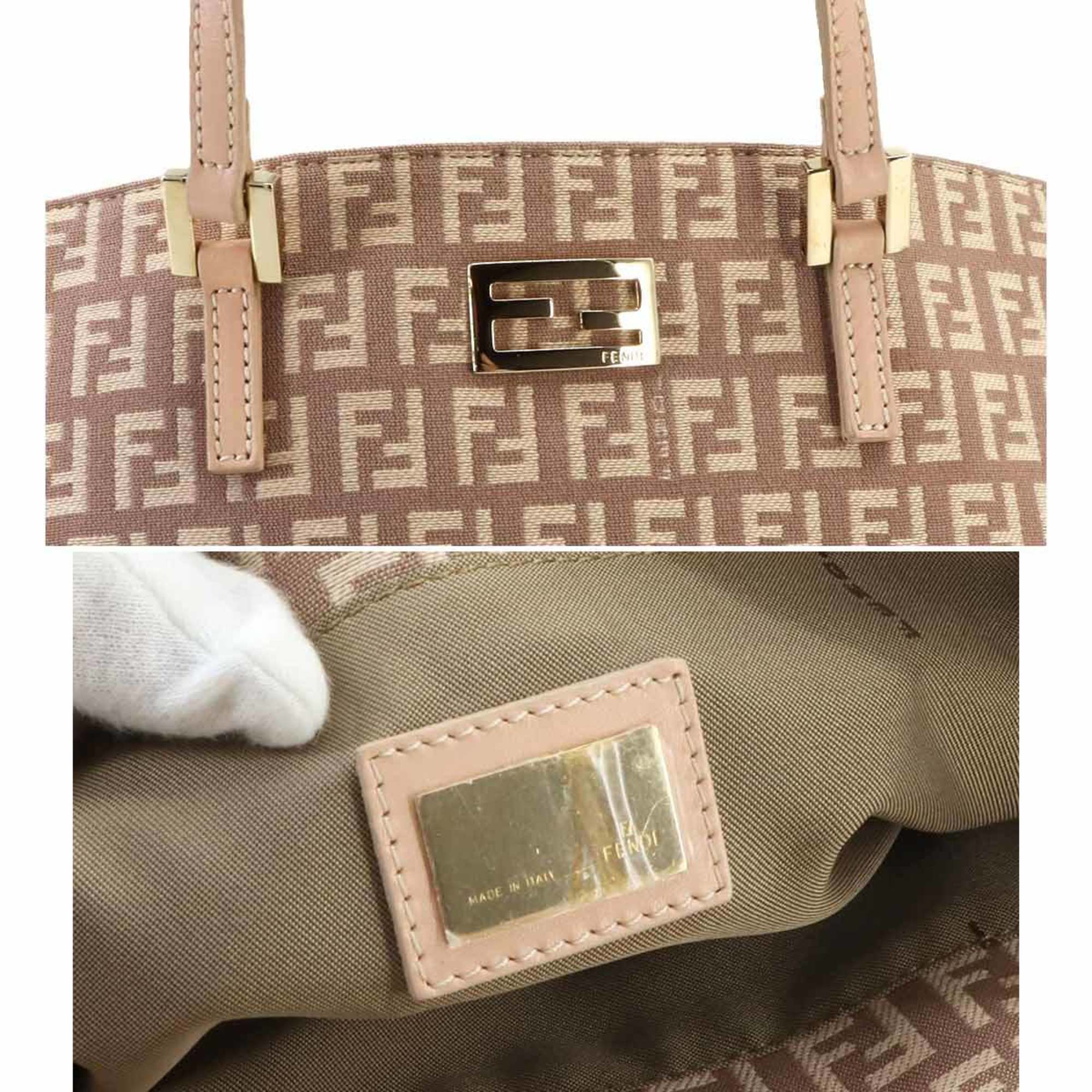 FENDI Zucchino Canvas Leather Pink Beige 8BH133 Gold Hardware Tote Bag