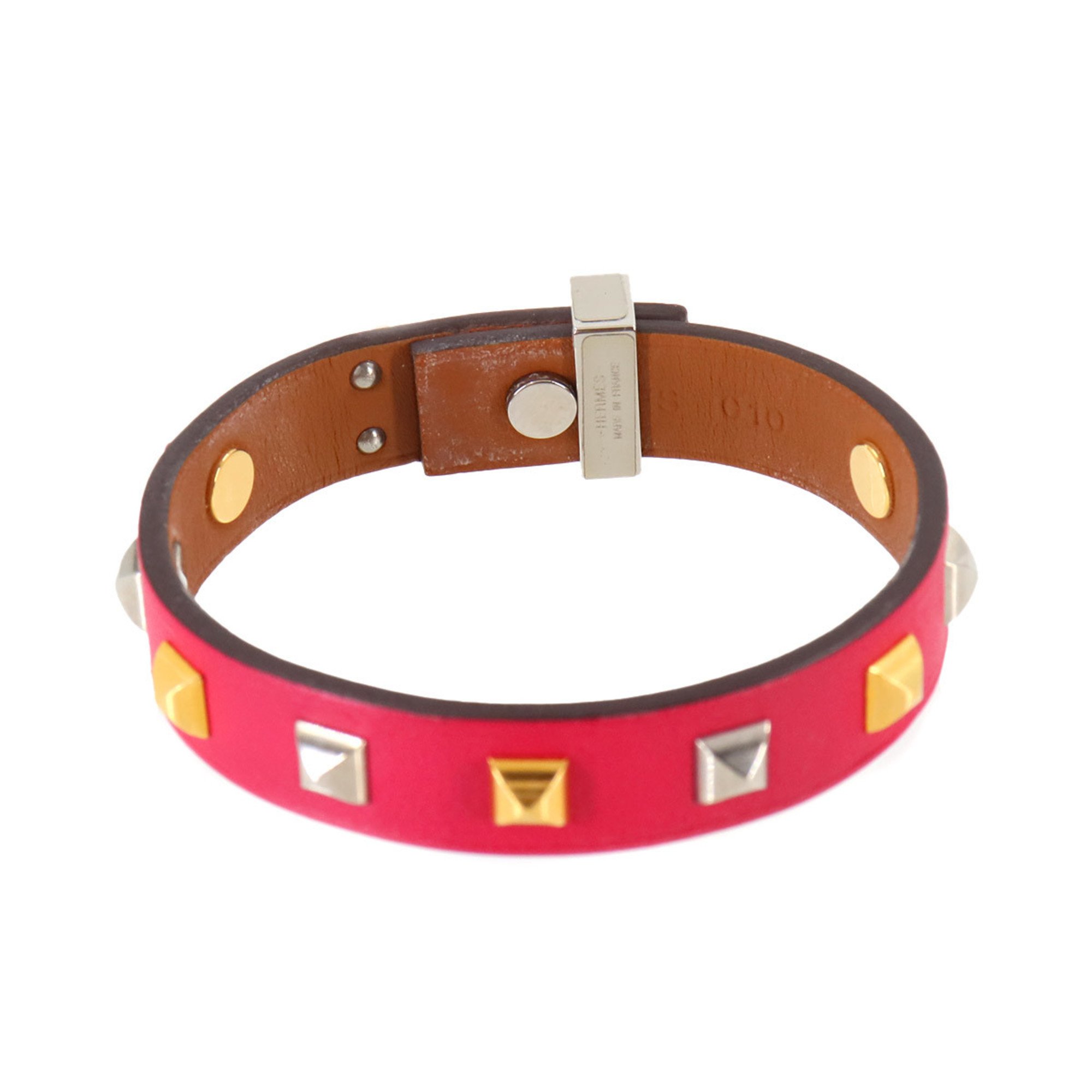 Hermes HERMES Dog Clous Carre Bracelet Swift Pink T3 Silver Gold Metal Fittings A Stamp Mini Carres