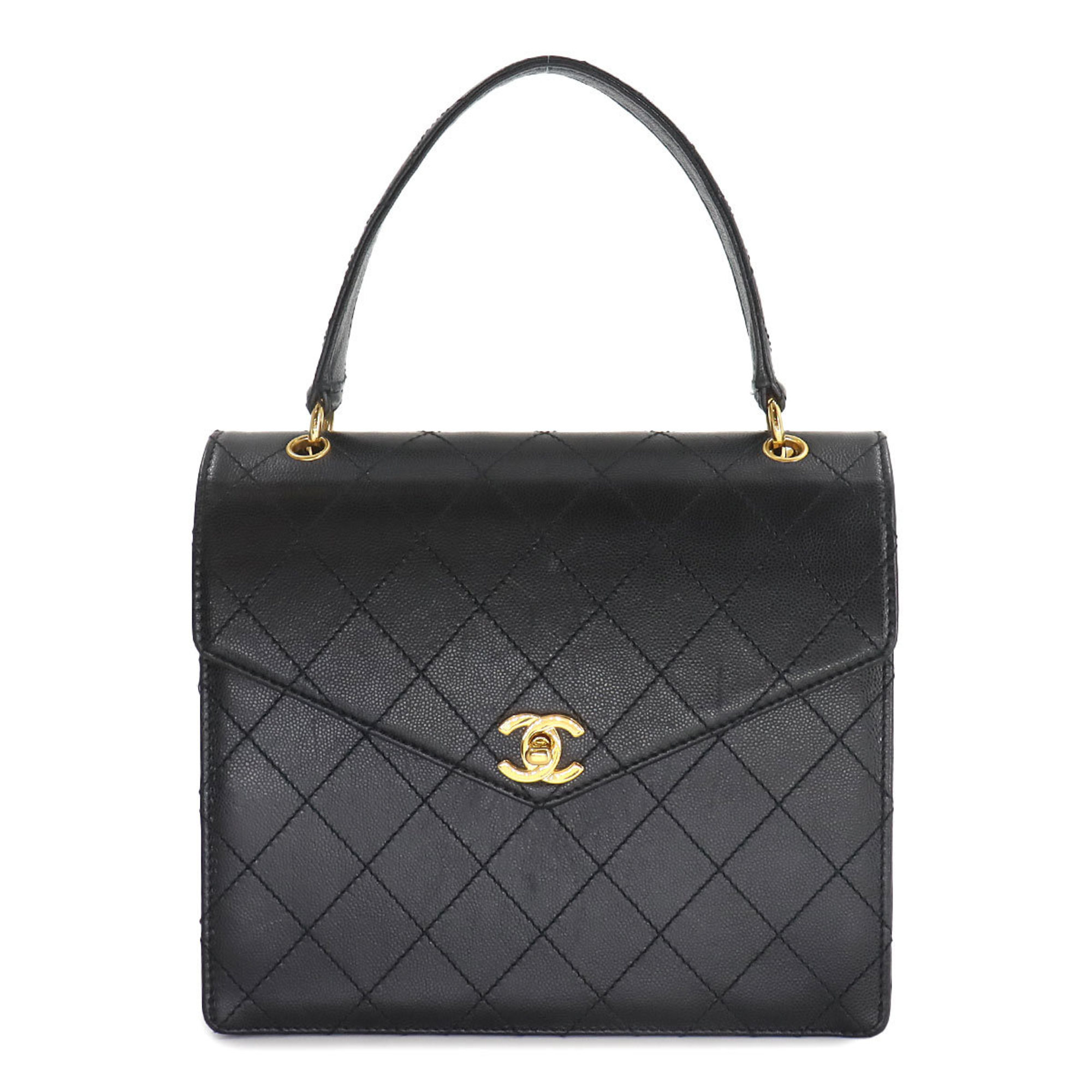 CHANEL Matelasse Handbag Caviar Skin Leather Black Gold Hardware