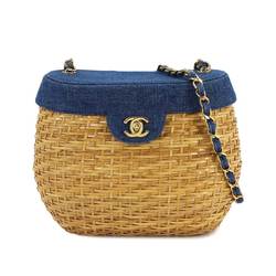 Chanel CHANEL Chain Shoulder Basket Bag Rattan Denim Beige Blue Gold Metal Fittings