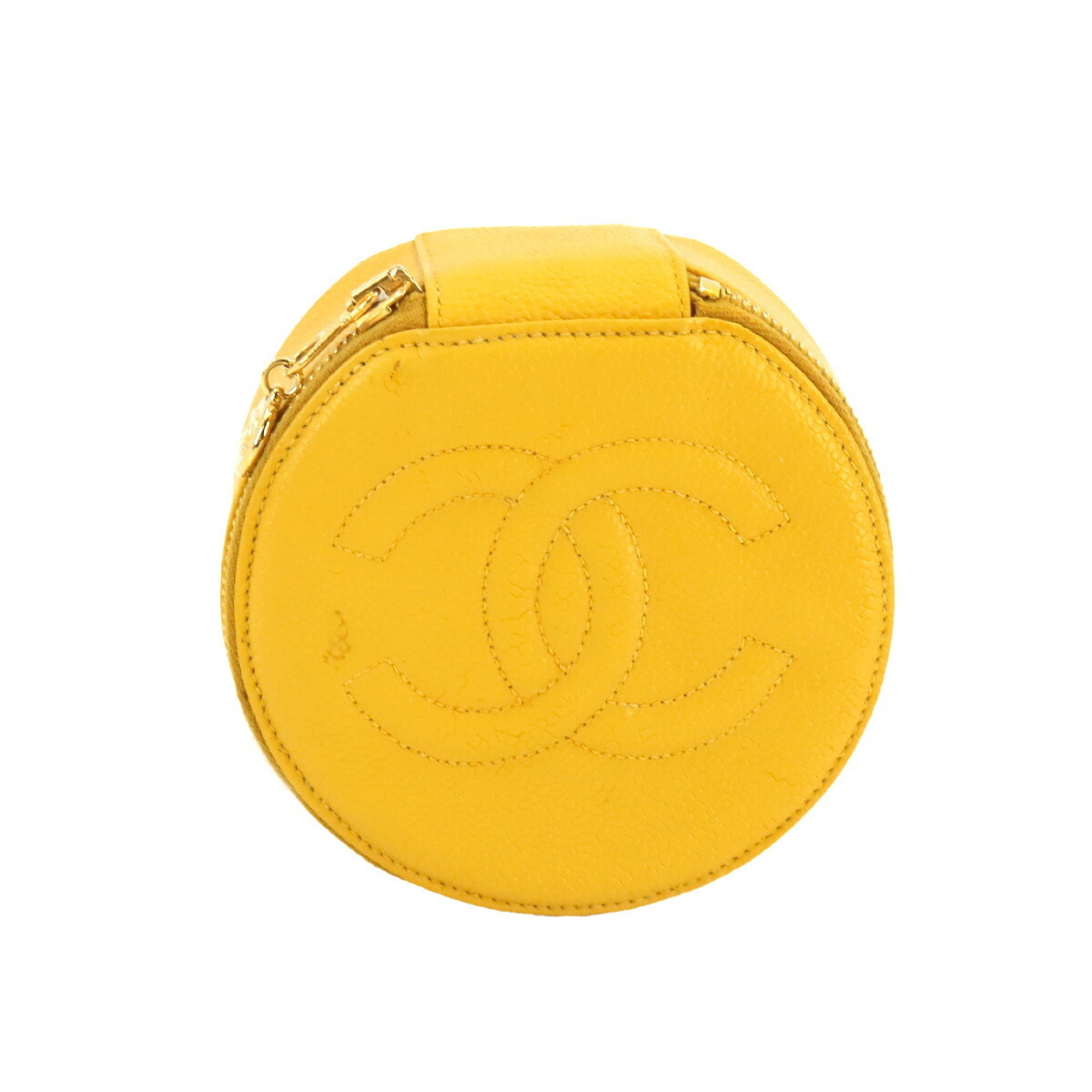 CHANEL Coco Mark Case Box Pouch Caviar Skin Yellow Jewelry case